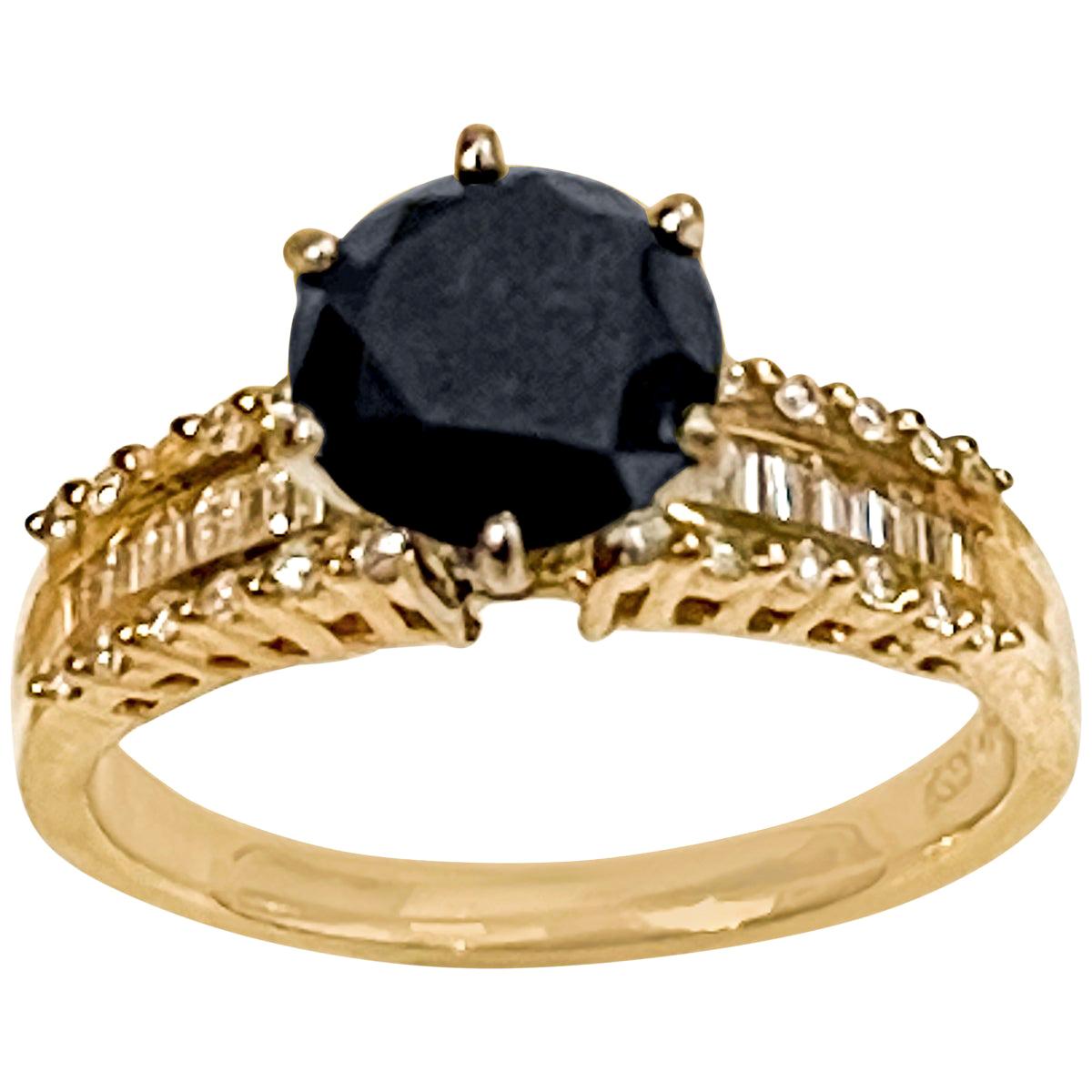 1 Carat Solitaire Black Diamond Traditional Ring/Band 14 Karat Yellow Gold For Sale