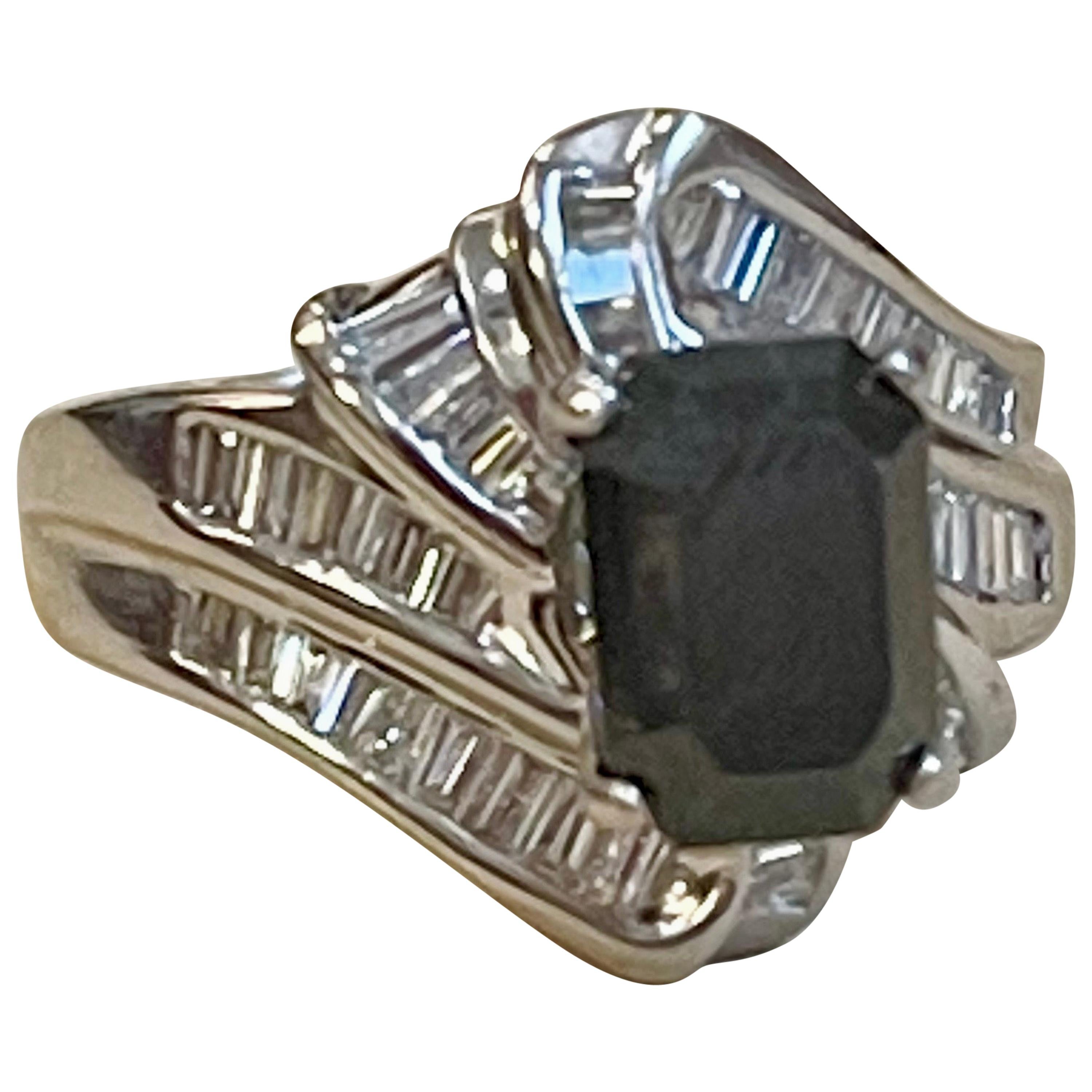 Women's 1 Carat Solitaire Emerald Cut Black Diamond Ring/Band 18 Karat White Gold For Sale