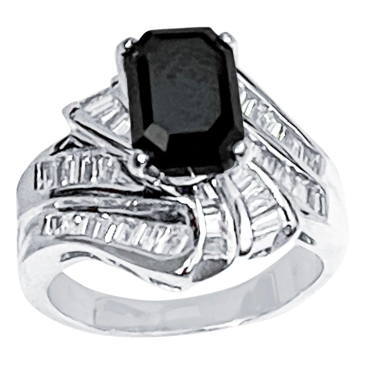 1 Carat Solitaire Emerald Cut Black Diamond Ring/Band 18 Karat White Gold For Sale