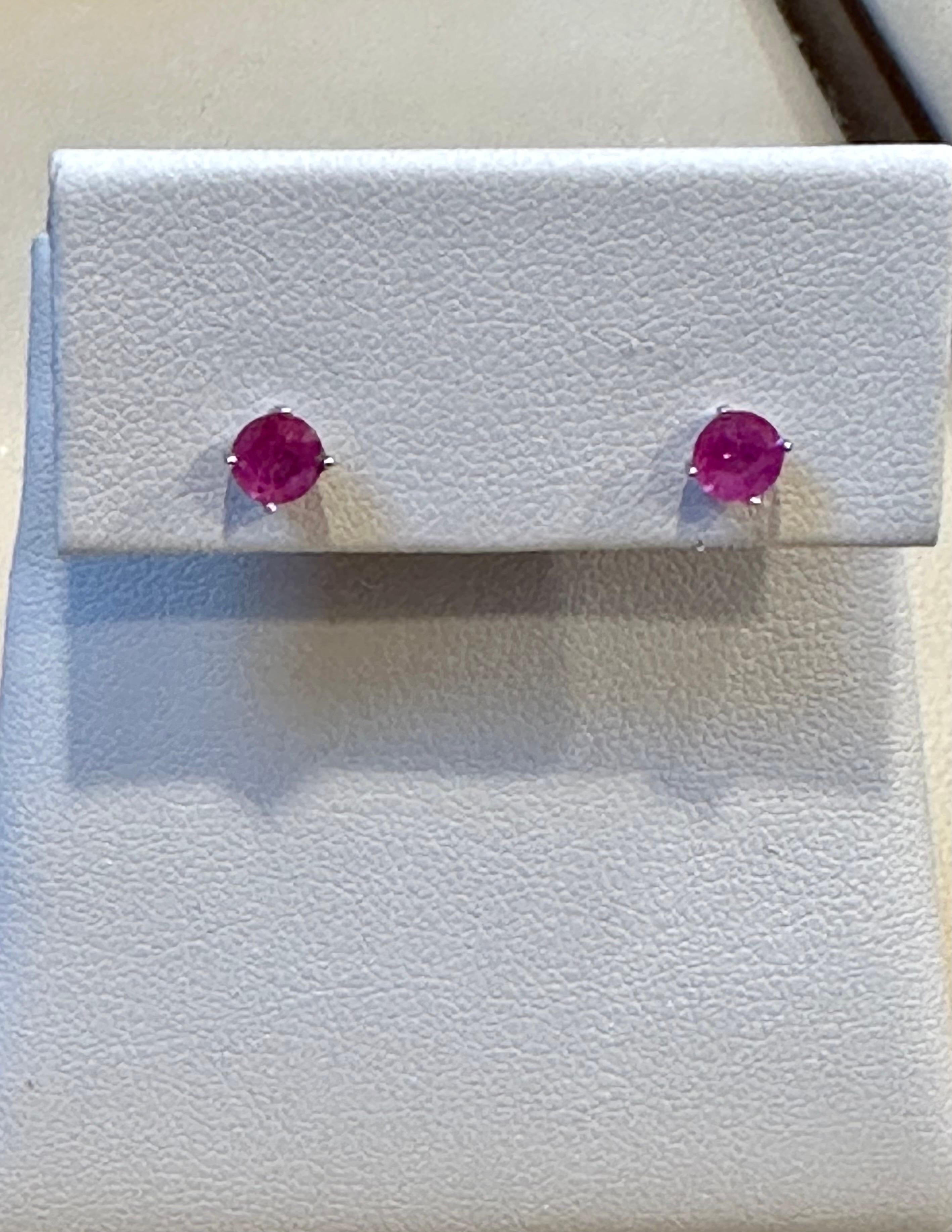 1 Carat  Solitaire Natural Ruby Earrings 4 Prongs Screw Back 14 Karat White Gold 4
