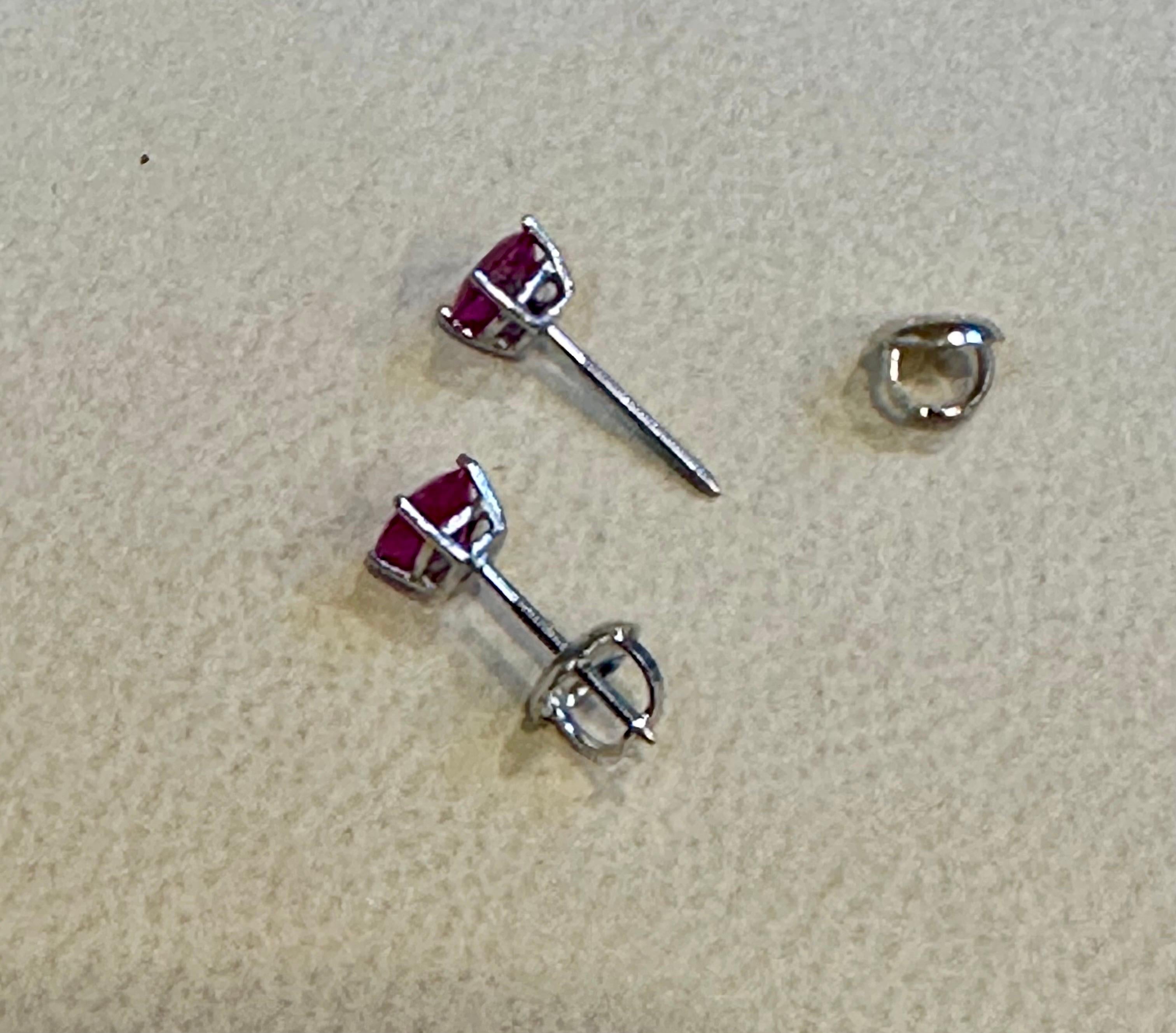 Round Cut 1 Carat  Solitaire Natural Ruby Earrings 4 Prongs Screw Back 14 Karat White Gold For Sale