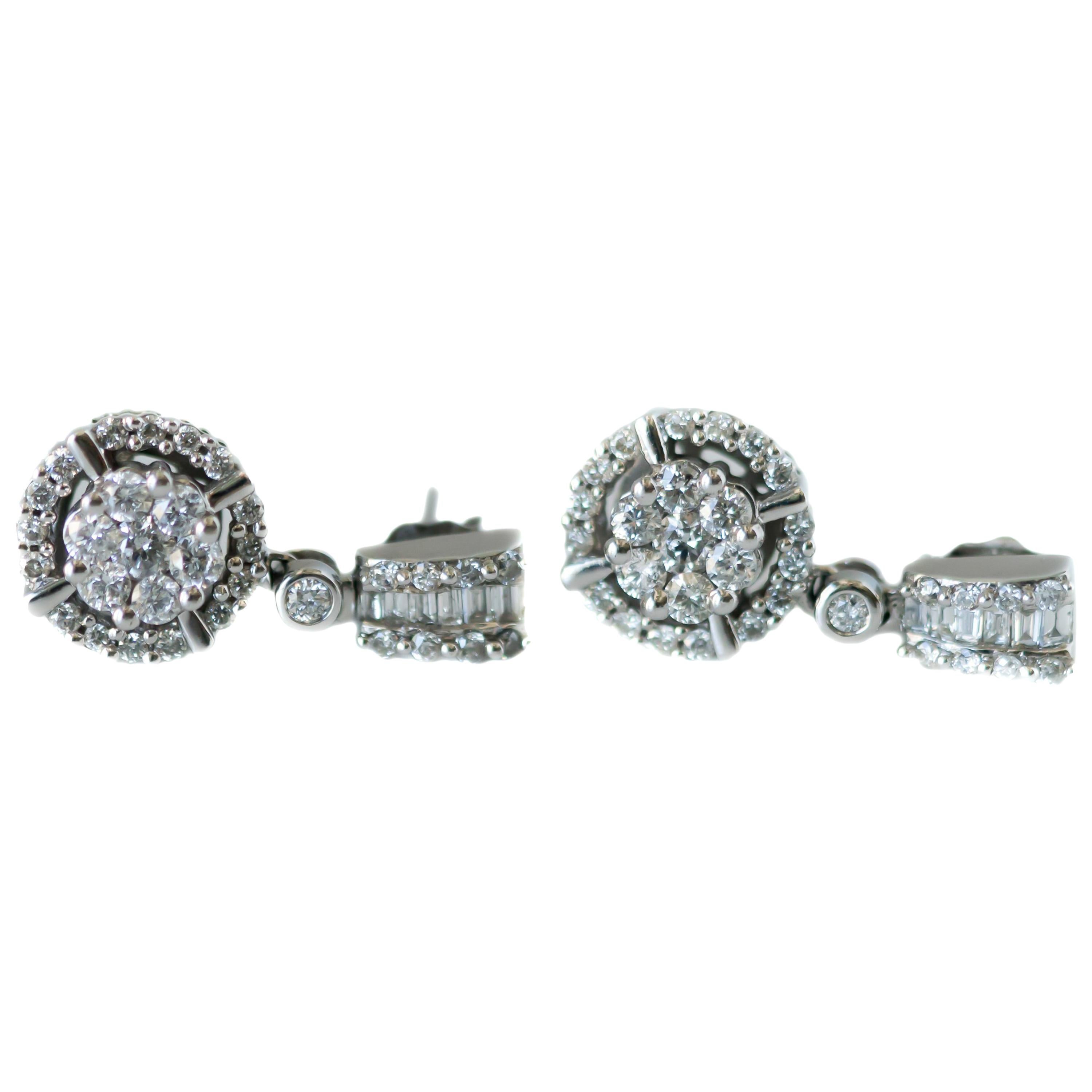 1 Carat Total Diamond Drop Earrings in 14 Karat White Gold For Sale