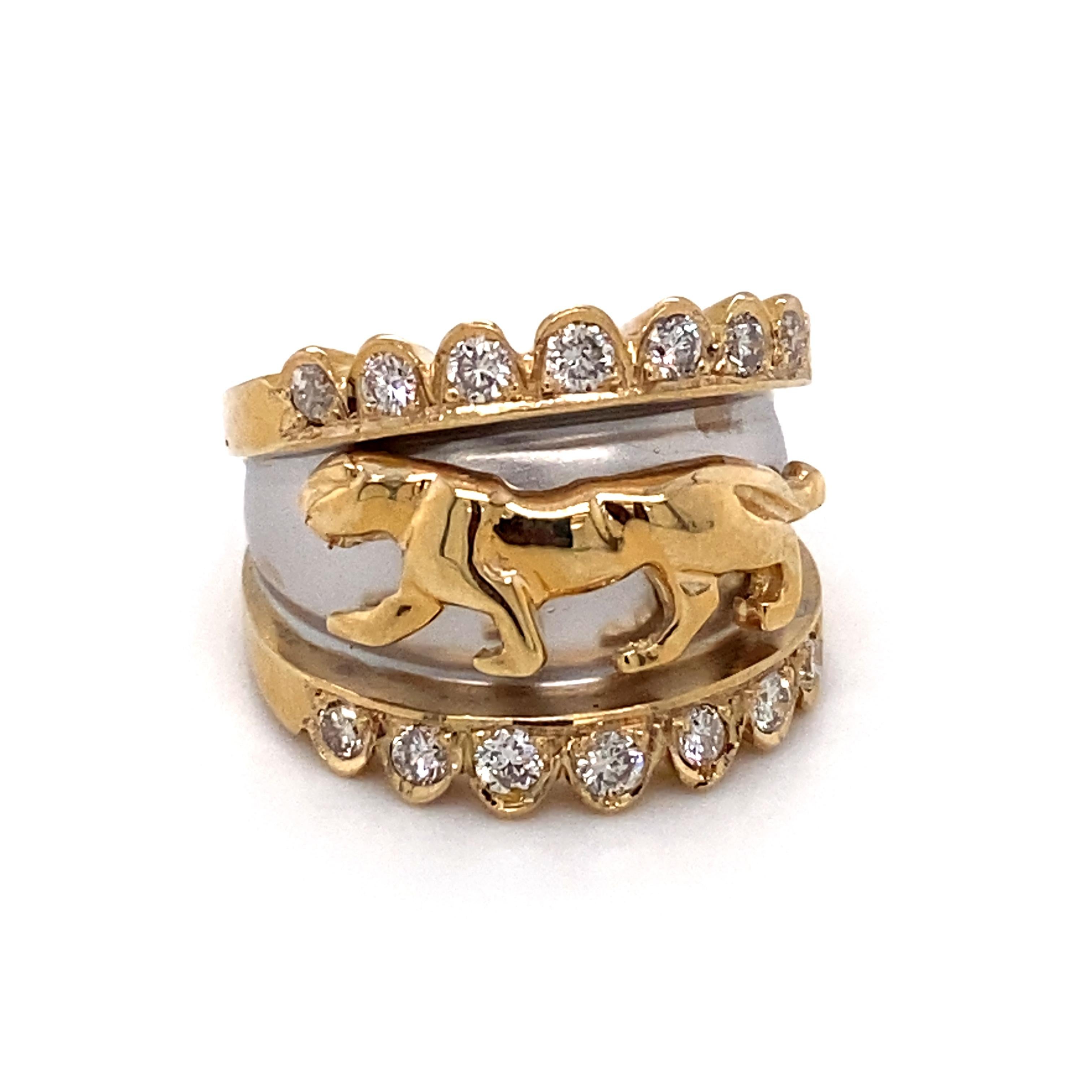 Taille ronde Bague panthère en or 14 carats bicolore avec diamants de 1 carat au total en vente