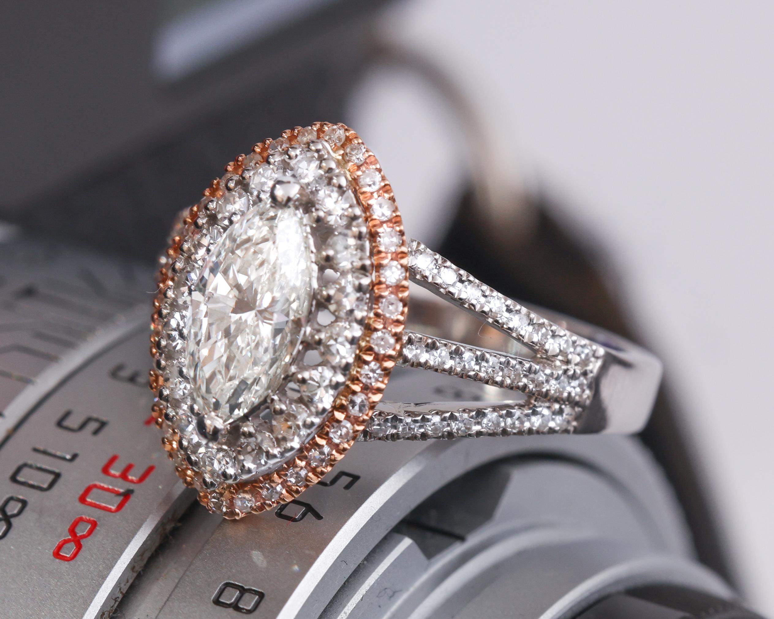Marquise Cut 1 Carat Double Halo Marquise Diamond Engagement Ring, Two Tone Gold For Sale