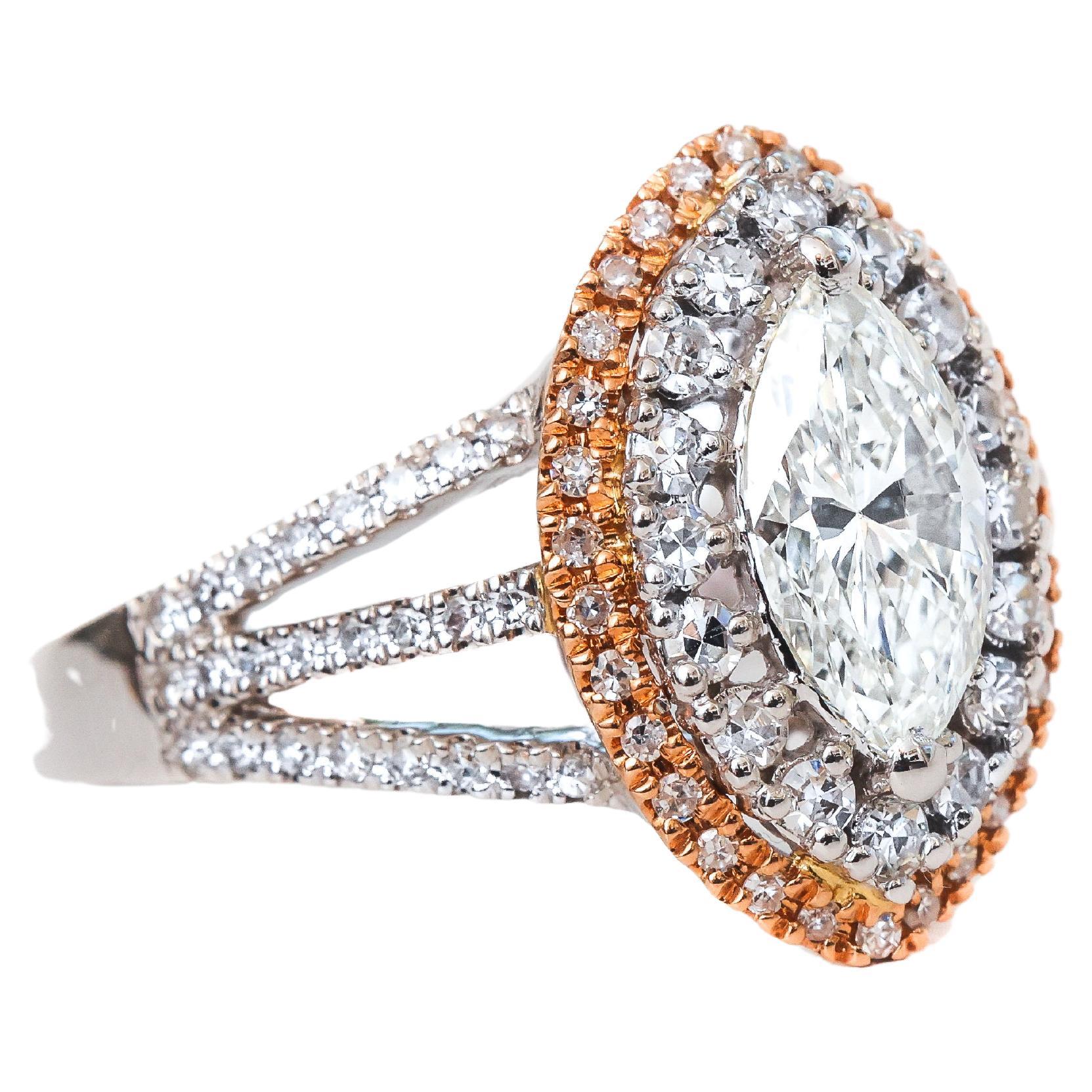 1 Carat Total Double Halo Marquise Diamond Engagement Ring, Two Tone For Sale