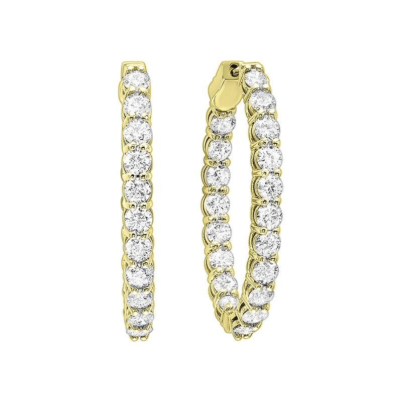 Nothing says luxury like an incredible pair of diamond hoop earrings. These stunning brightly polished 14 karat yellow gold inside out round-shaped hoop earrings feature a total of 50 round brilliant cut diamonds totaling 1.00 carats are prong set