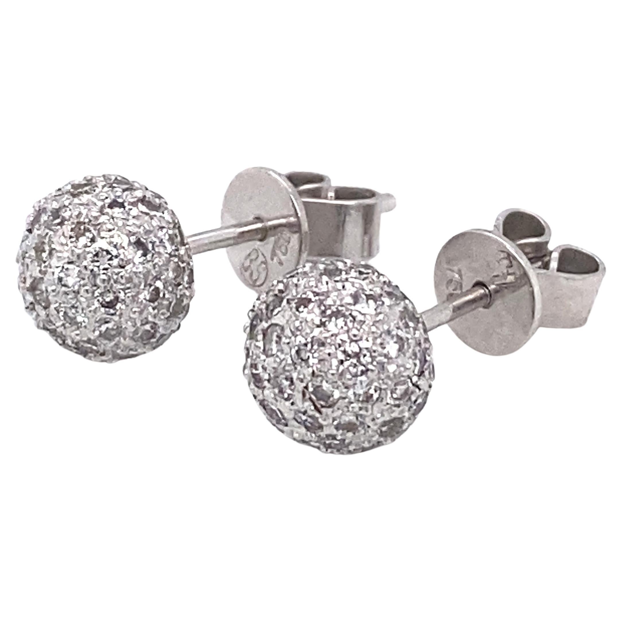 1 Carat Total Weight Pave Diamond Button Earrings in 18 Karat White Gold For Sale