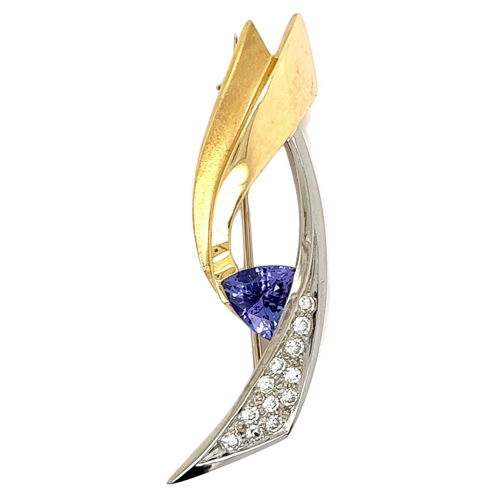 1 Carat Trillion Tanzanite and Diamond Gold JOHN ATENCIO Brooch Pin