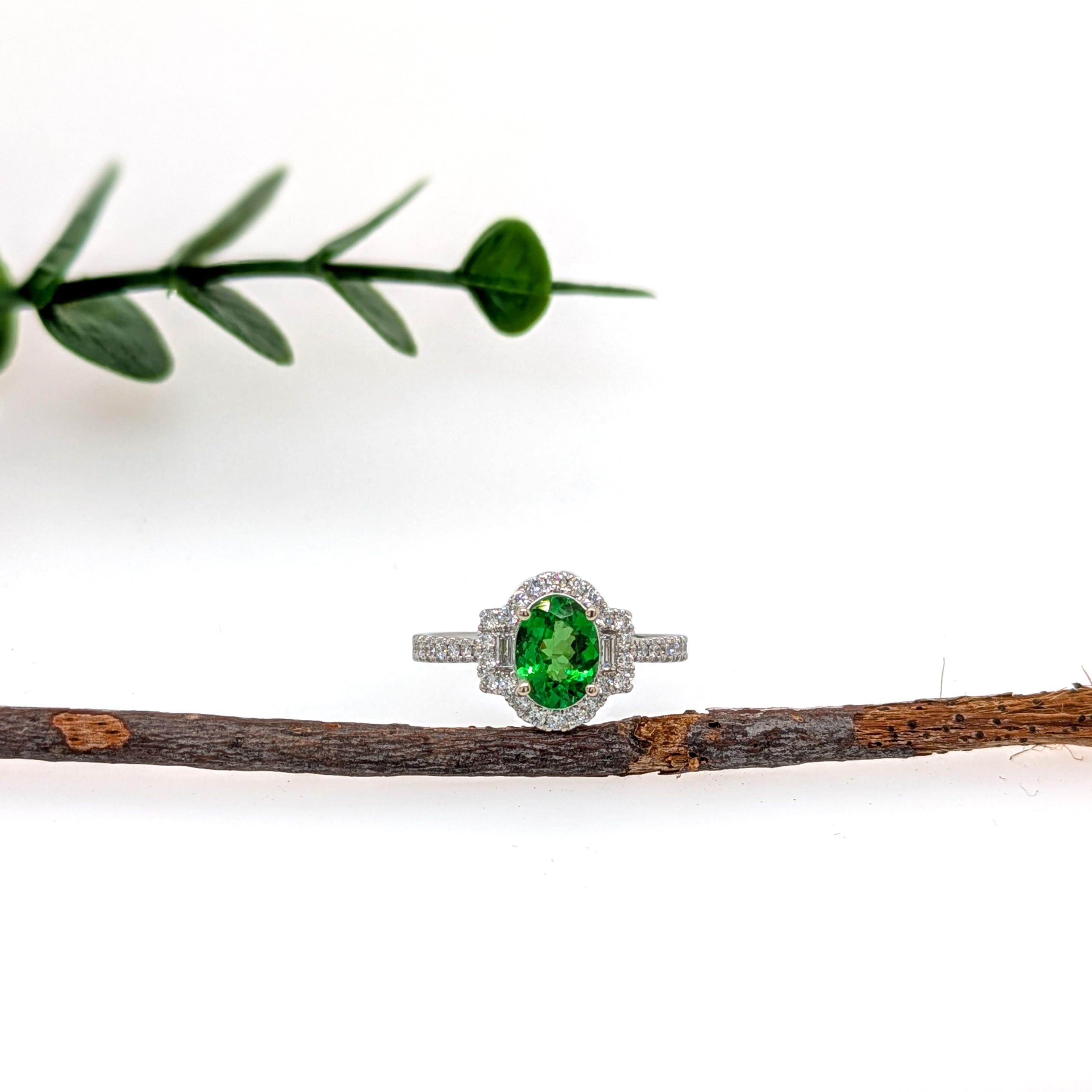 Art Déco Anello con granato tsavorite da 1 carato e diamanti naturali in oro massiccio 14 carati  OV 8x6mm in vendita