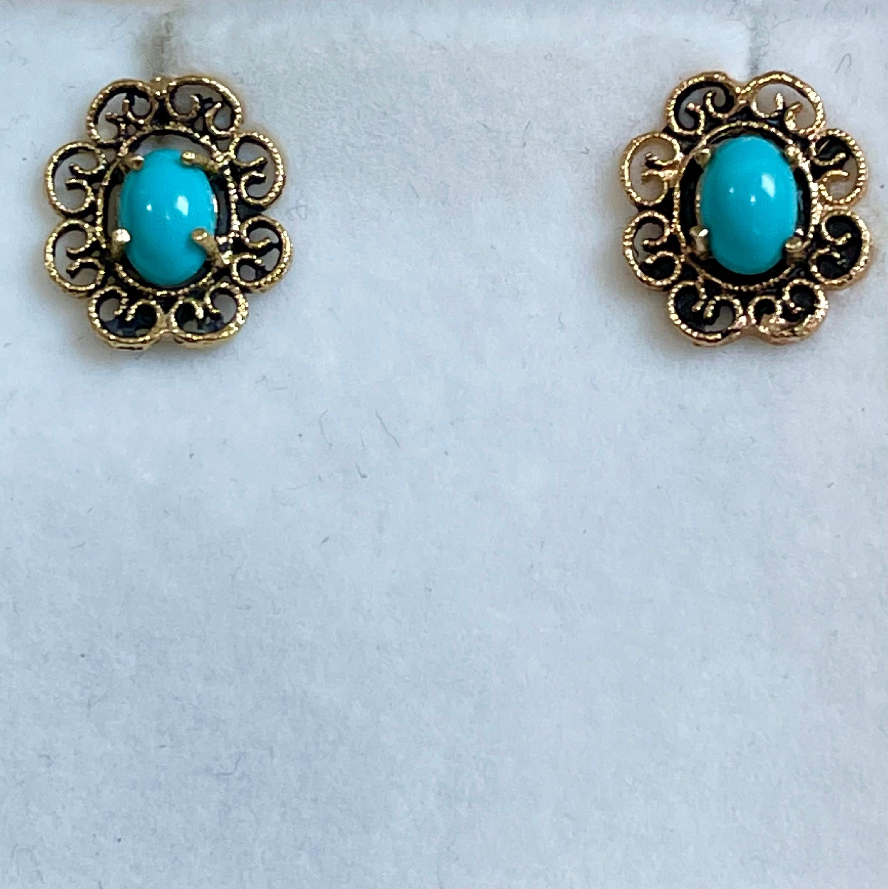 1 Carat Turquoise 14 Karat Yellow Gold Earrings, Stud Post Earring, Vintage 5