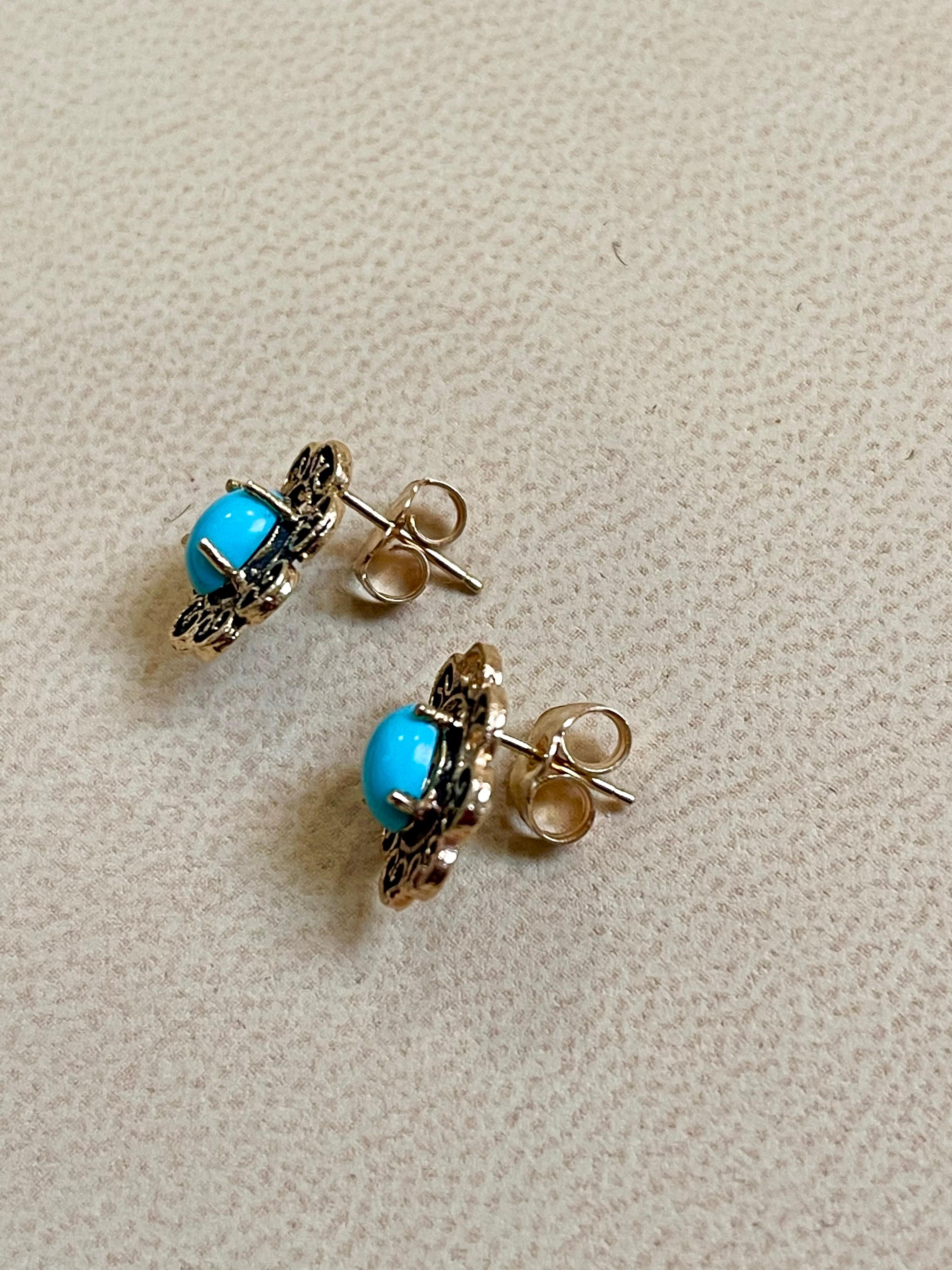 1 Carat Turquoise 14 Karat Yellow Gold Earrings, Stud Post Earring, Vintage 1