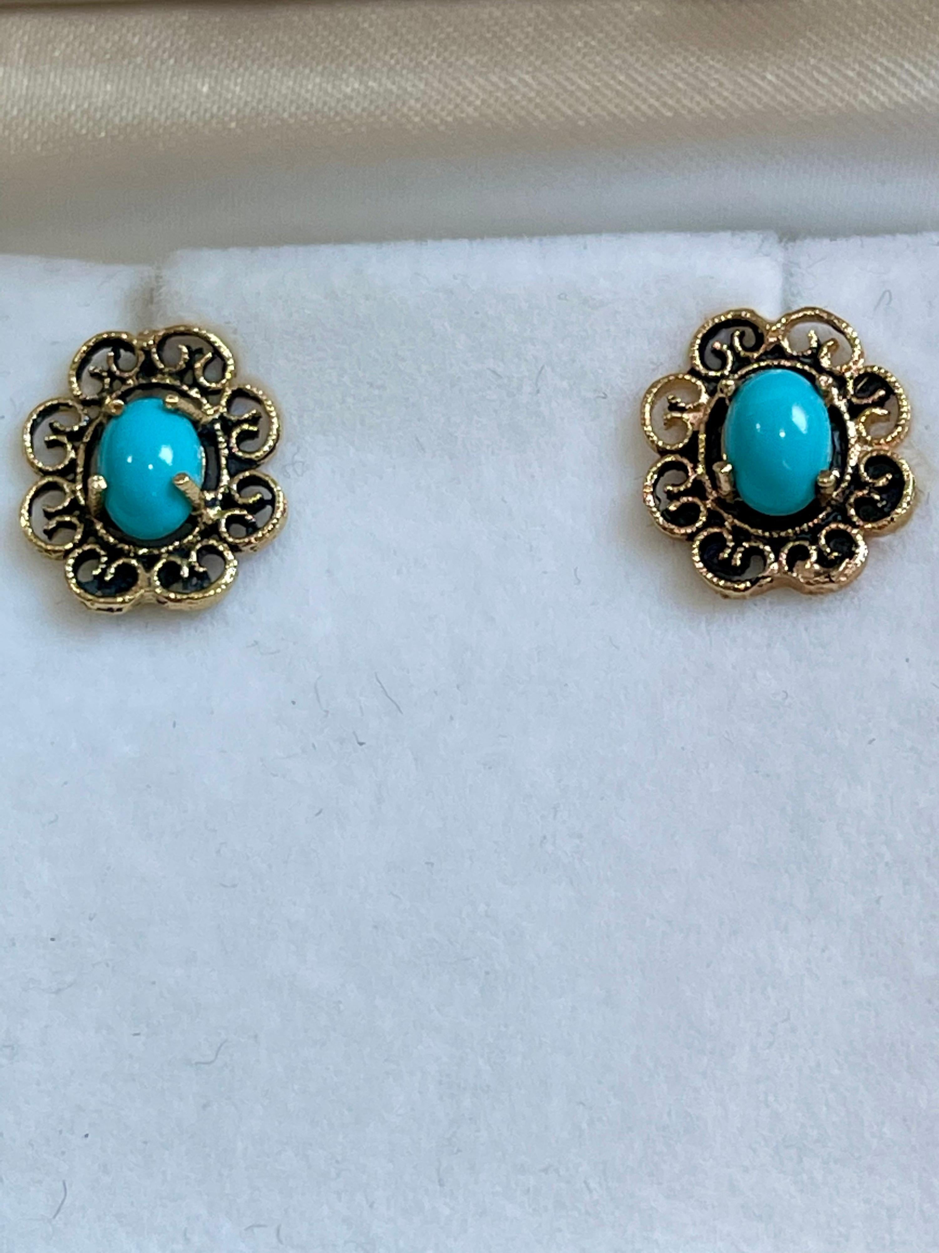 1 Carat Turquoise 14 Karat Yellow Gold Earrings, Stud Post Earring, Vintage 4
