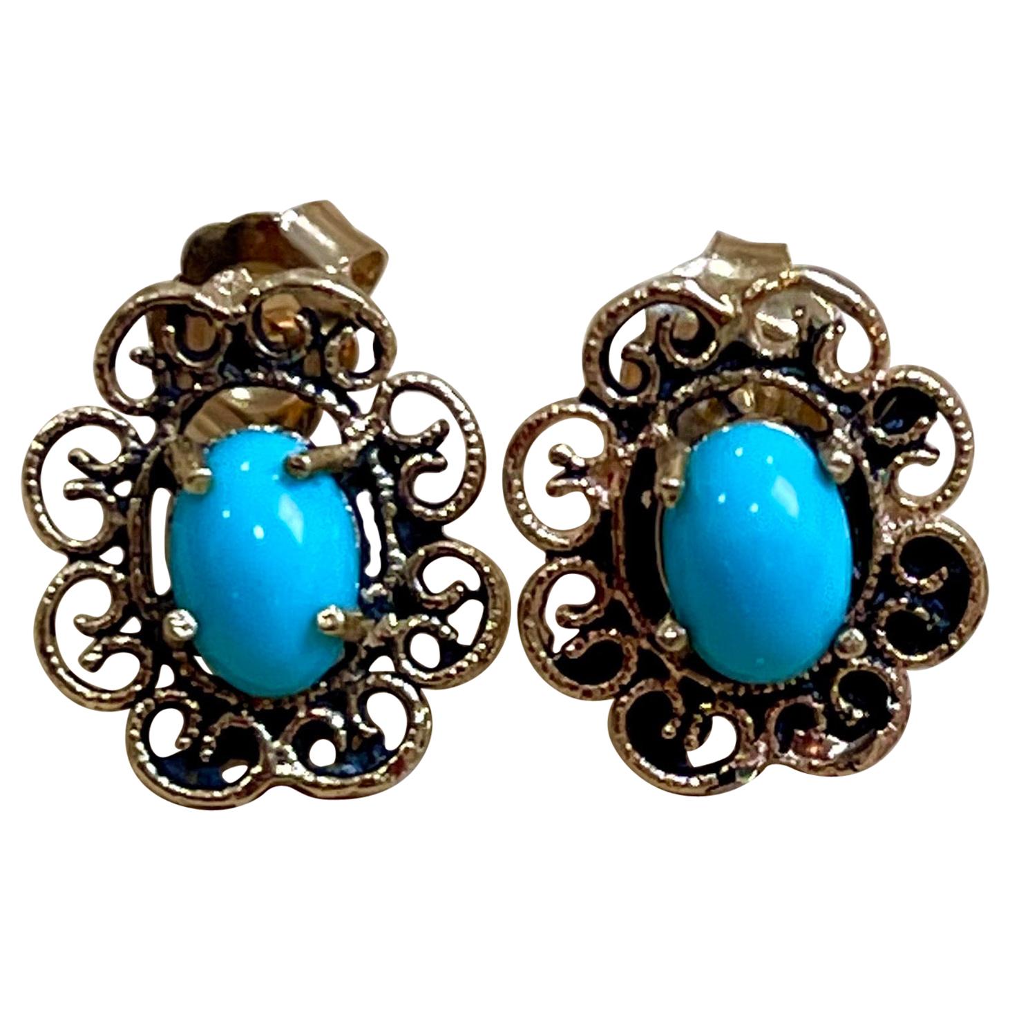 1 Carat Turquoise 14 Karat Yellow Gold Earrings, Stud Post Earring, Vintage