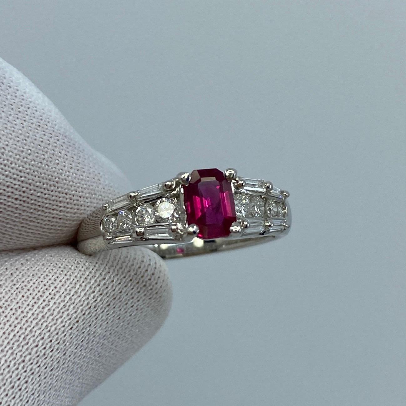 1 Carat Untreated Fine Deep Red Emerald Cut Ruby & Diamond Platinum Ring 6