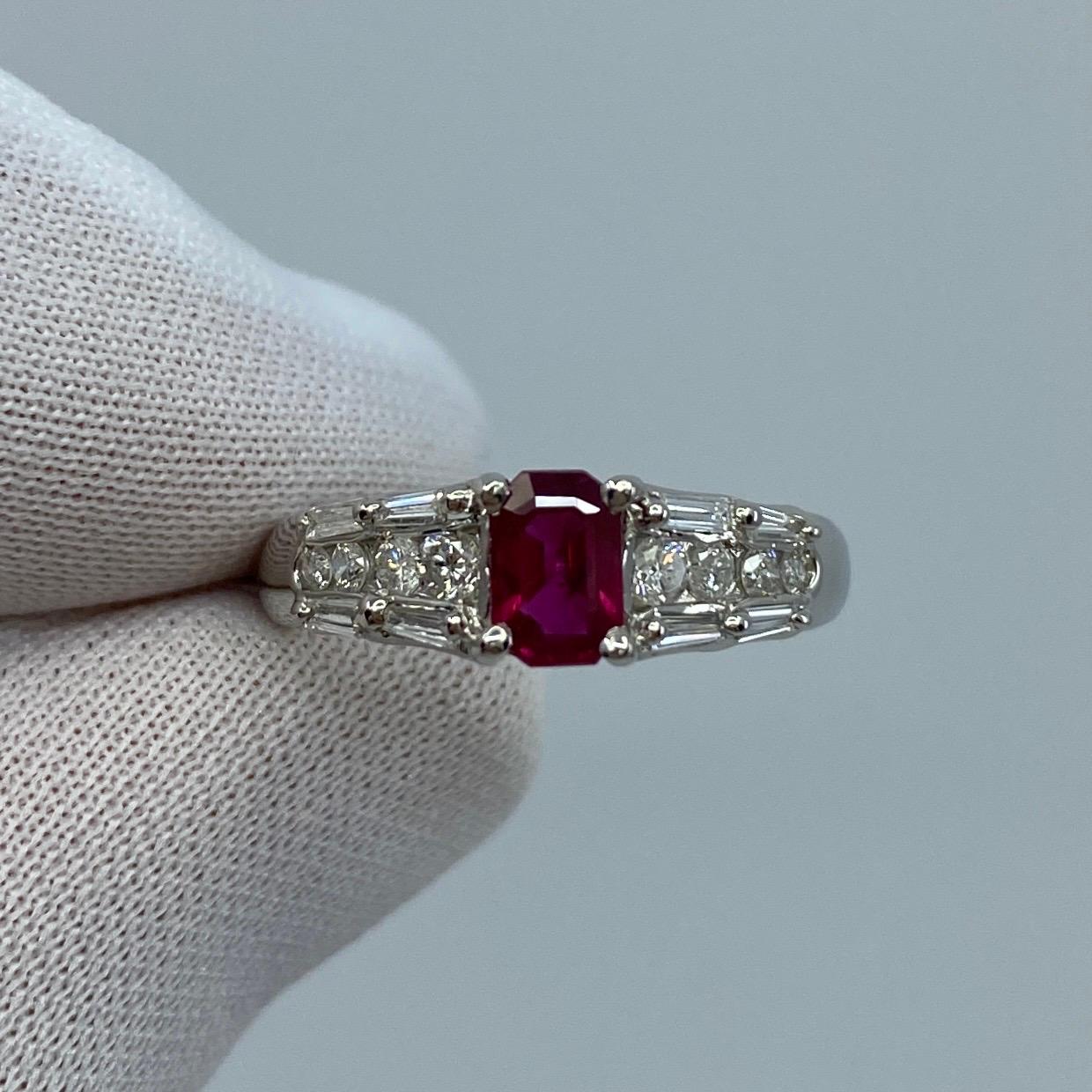 Untreated Emerald Cut Ruby & Diamond Platinum Ring.

1.00 Total carat ring. 0.60ct untreated ruby with a fine deep red colour, an excellent emerald cut and good clarity. Some small natural inclusions visible when looking closely. Accented by 0.40ct