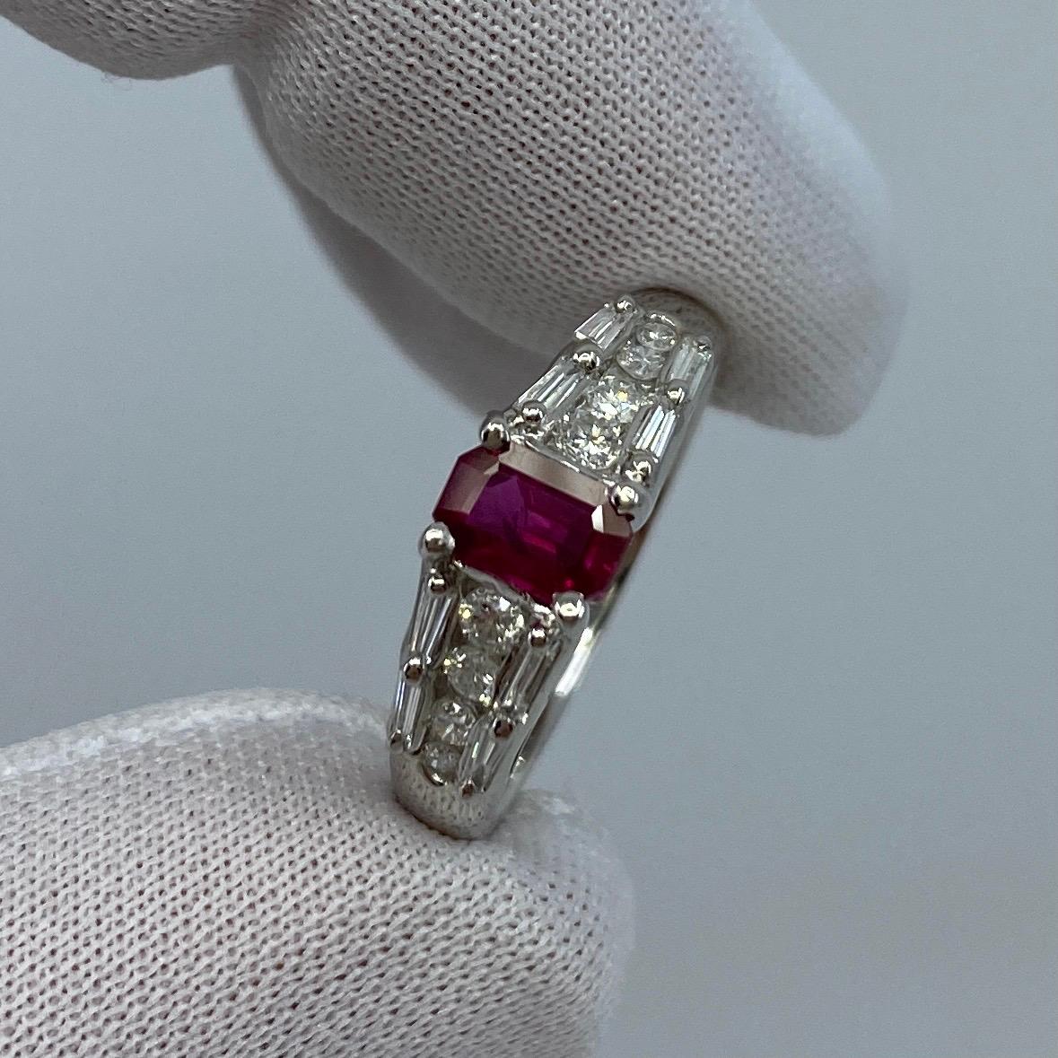Women's or Men's 1 Carat Untreated Fine Deep Red Emerald Cut Ruby & Diamond Platinum Ring