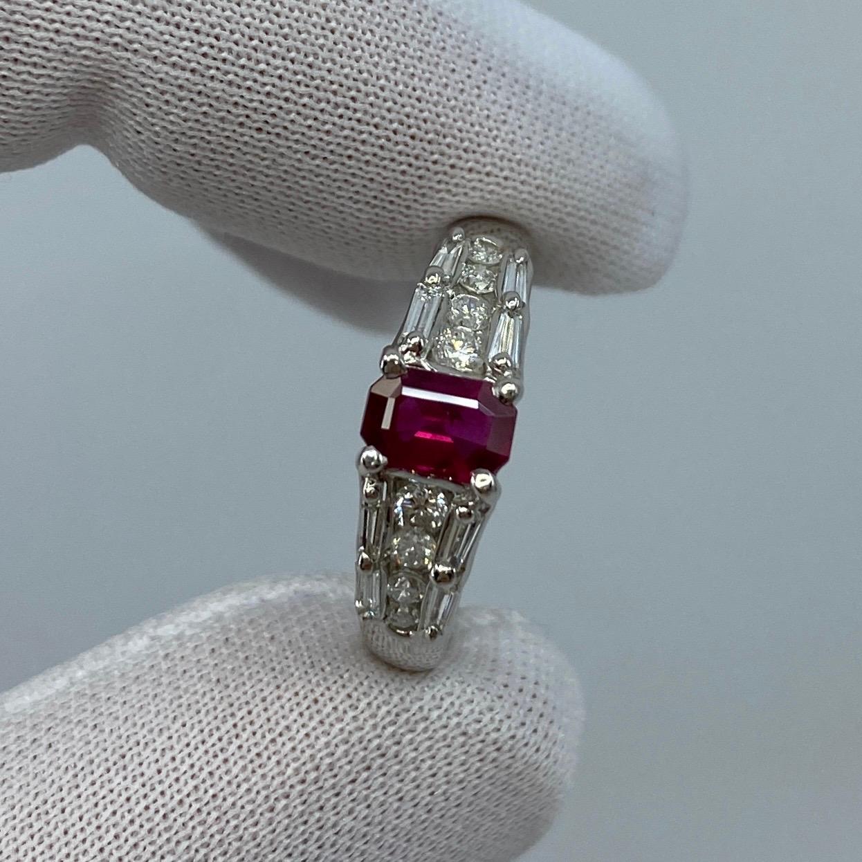 1 Carat Untreated Fine Deep Red Emerald Cut Ruby & Diamond Platinum Ring 1
