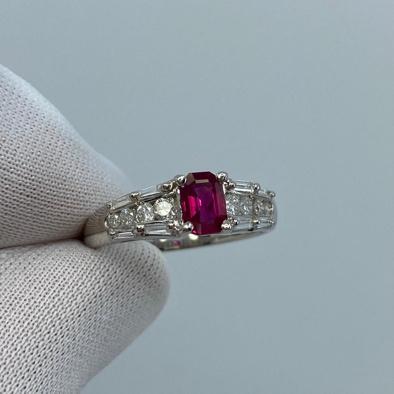 1 Carat Untreated Fine Deep Red Emerald Cut Ruby & Diamond Platinum Ring 3