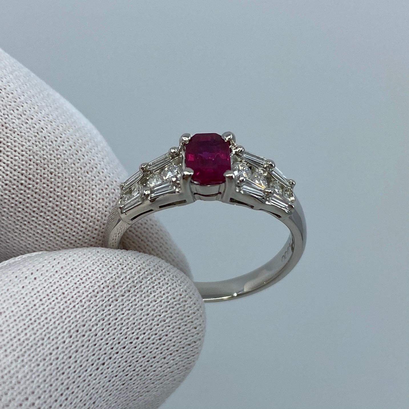 1 Carat Untreated Fine Deep Red Emerald Cut Ruby & Diamond Platinum Ring 4