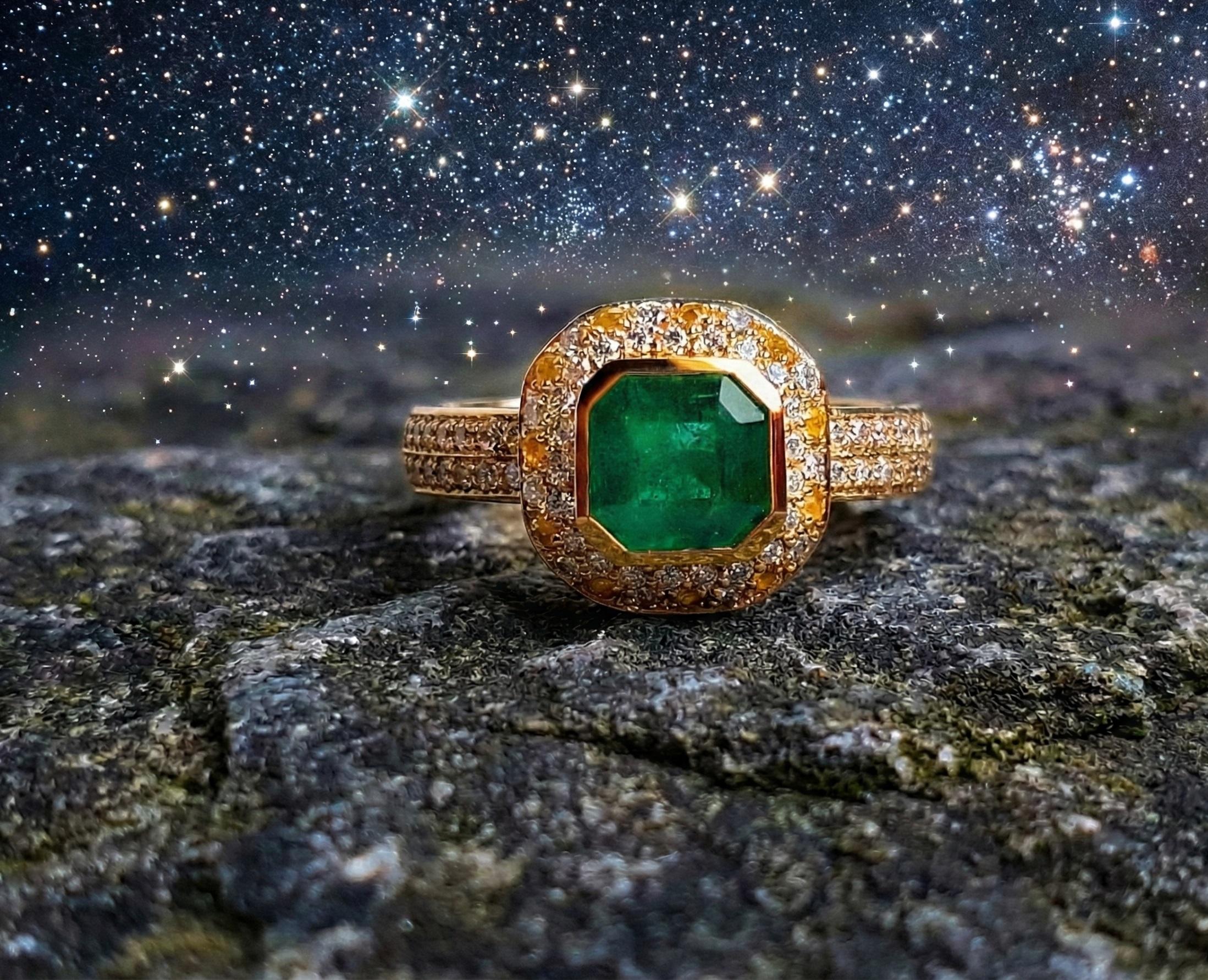 Anello di fidanzamento in oro con smeraldo verde vivo da 1 carato, diamante e zaffiro in vendita 1