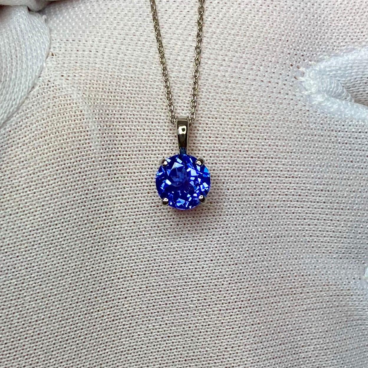 Round Cut 1 Carat Vivid Violet Blue Tanzanite Platinum Solitaire Round Pendant Necklace