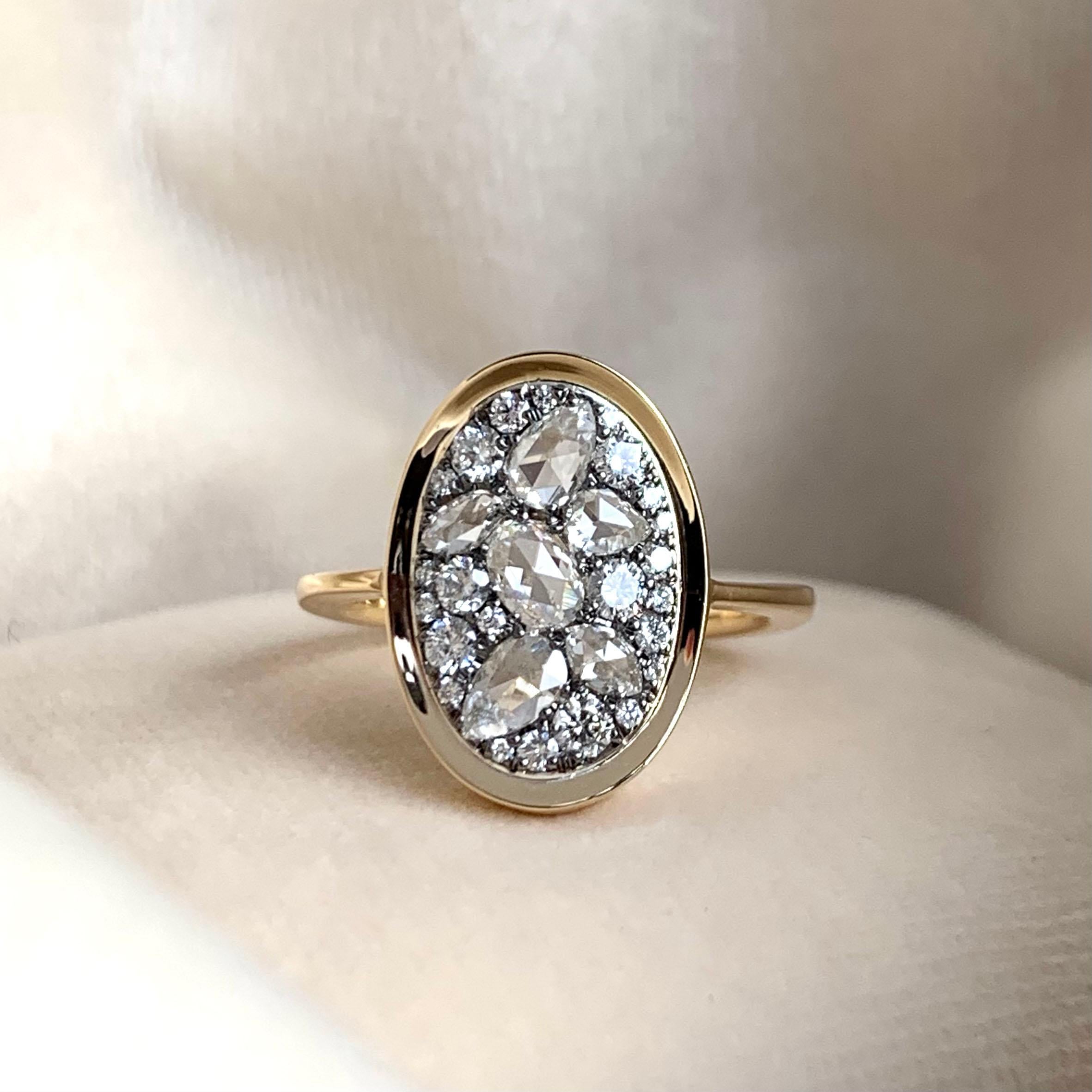 Art Nouveau 1 Carat White GHVS Rose-Cut and DEGVVS Brilliant-Cut Diamond Pave Ring