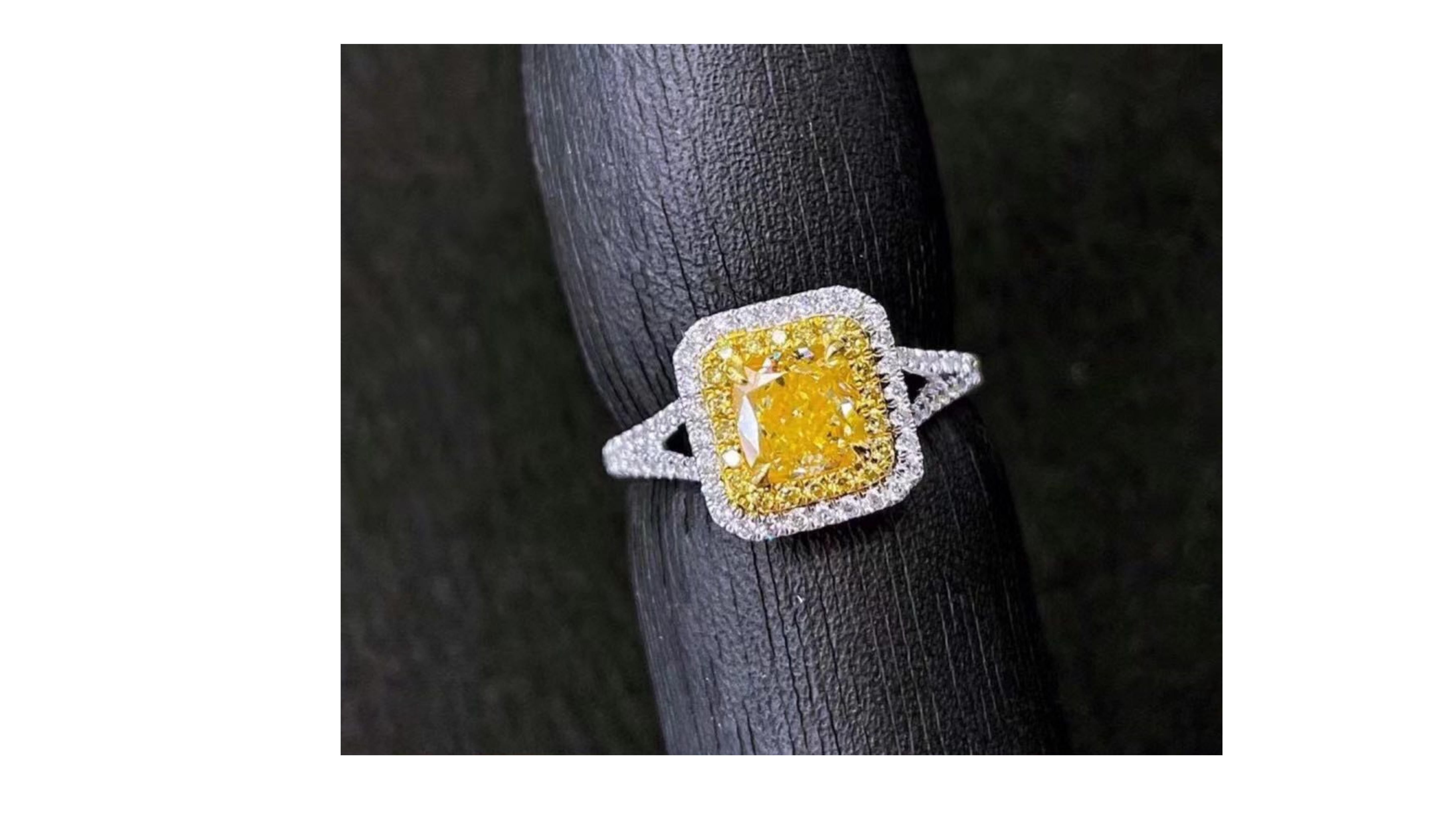 Contemporary 1 Carat Yellow Diamond Ring 18 Karat White Gold For Sale