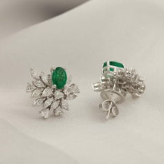 1 Carat Zambian Emerald 1.35 Carat SI/H Diamond Earrings 18 Karat White Gold
