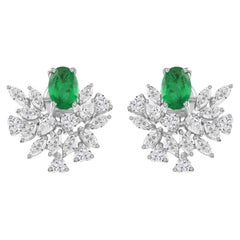 1 Carat Zambian Emerald 1.35 Carat SI/H Diamond Earrings 18 Karat White Gold