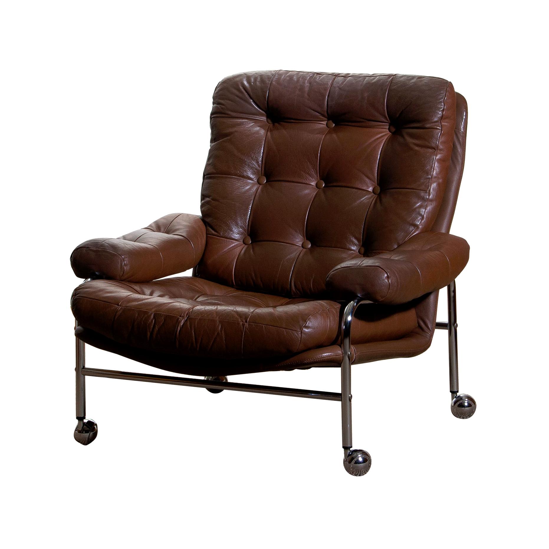 Mid-Century Modern 1 Chrome and Brown Leather Easy / Lounge Chair by Scapa Rydaholm, Sweden, 1970s