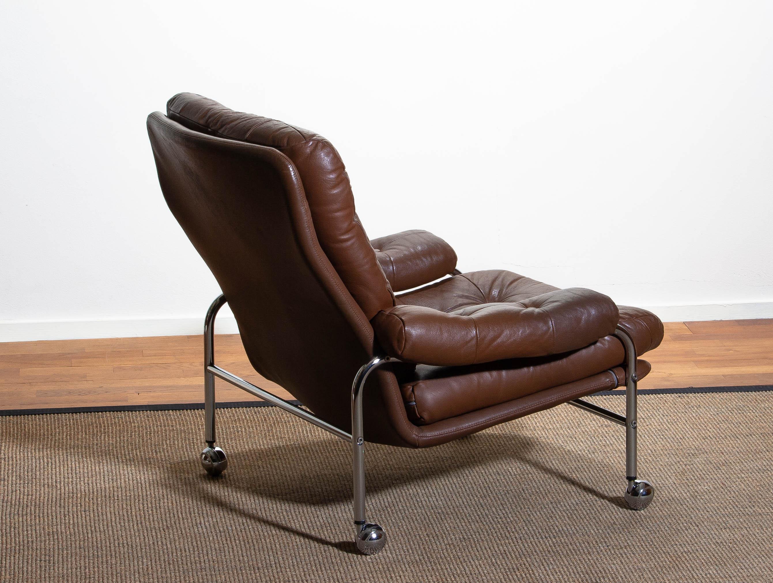 1 Chrome and Brown Leather Easy / Lounge Chair by Scapa Rydaholm, Sweden, 1970s In Good Condition In Silvolde, Gelderland