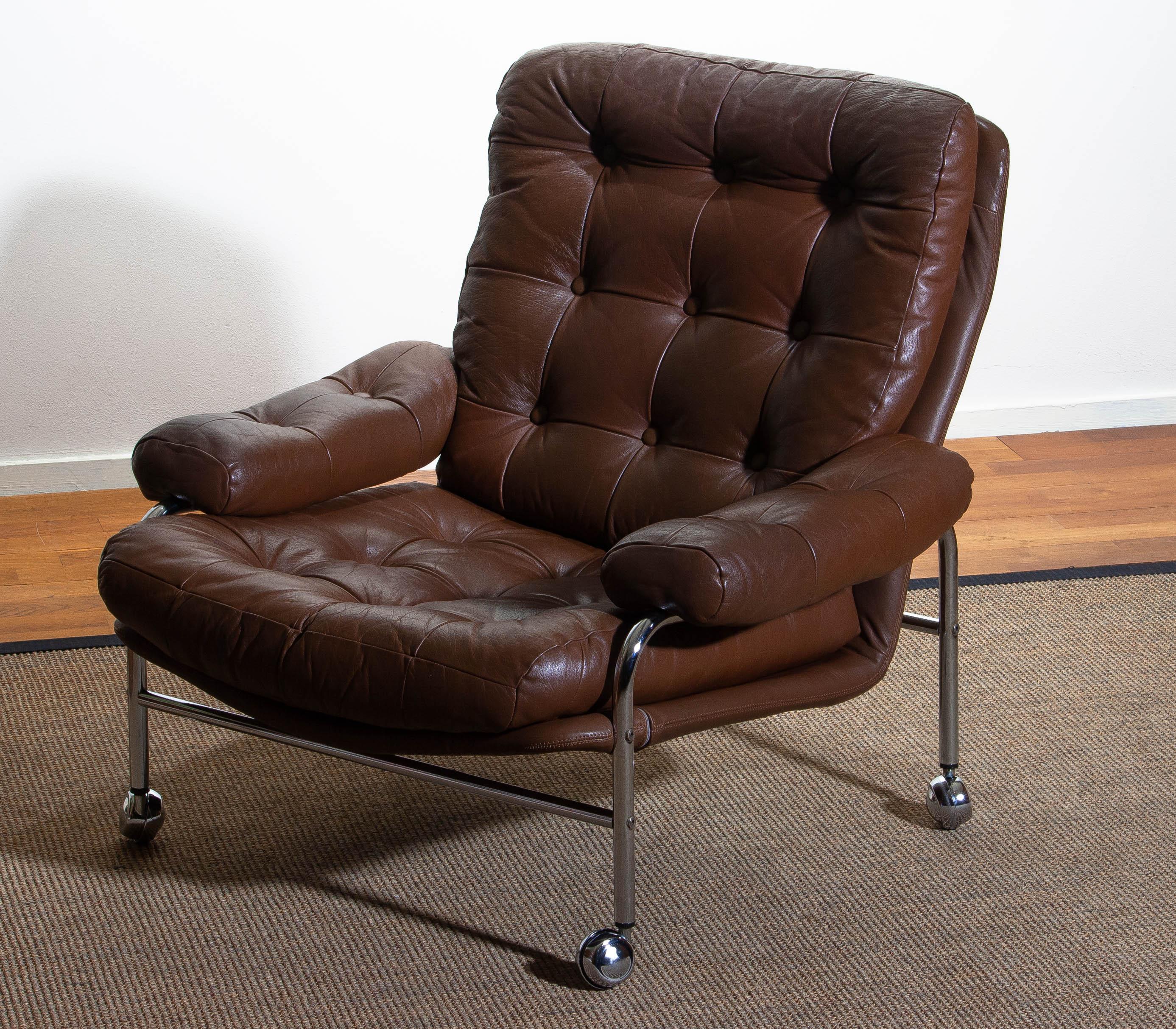 1 Chrome and Brown Leather Easy / Lounge Chair by Scapa Rydaholm, Sweden, 1970s 2