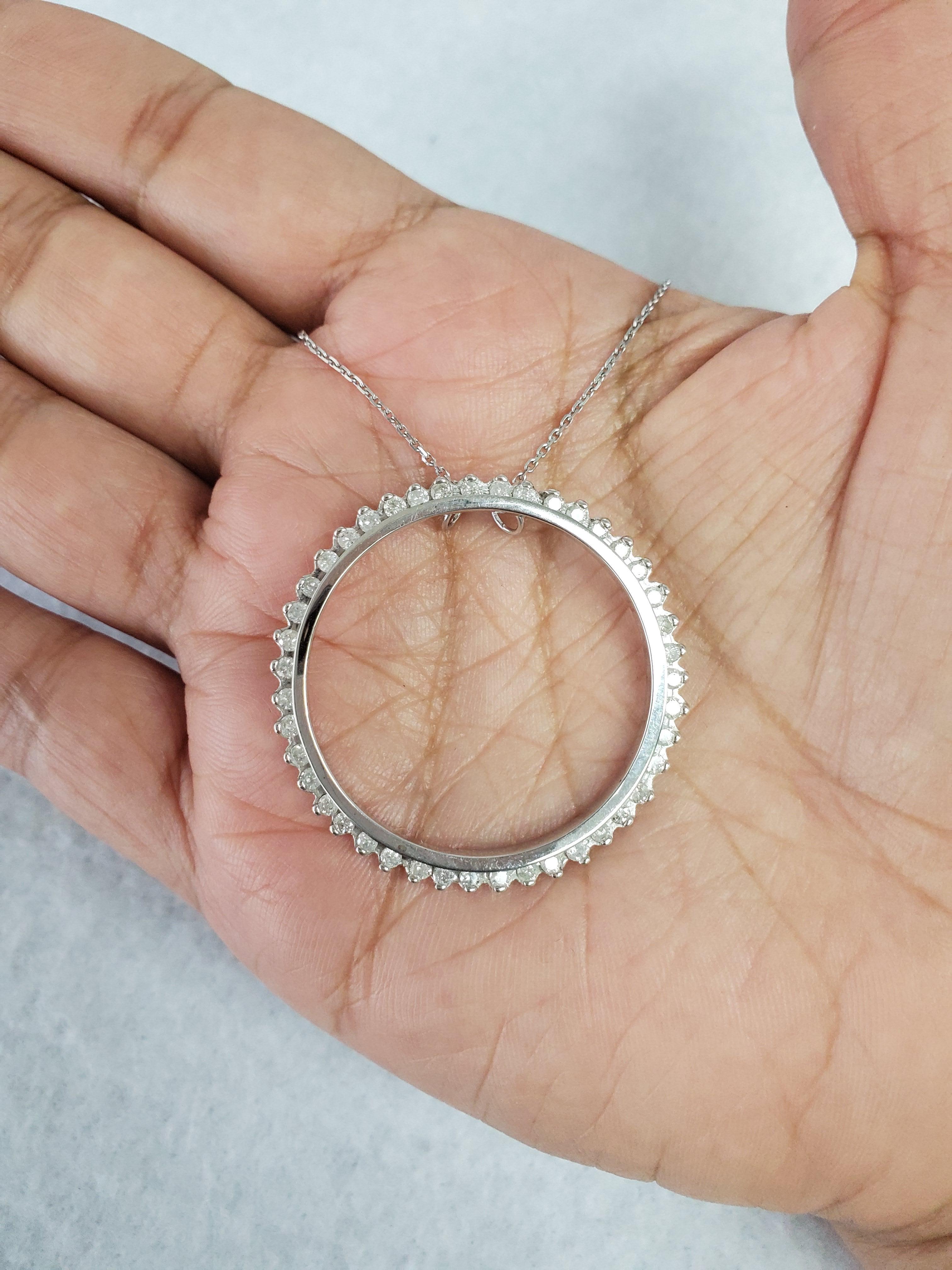 ♥ Product Summary ♥

Main Stone: Diamonds
Approx. Total Carat Weight: 1.06cttw
Diamond Color: H
Diamond Clarity: I1/I2
Stone Cut: Round
Metal Choice: 14K White Gold
Dimensions: 38mm
Chain: 16