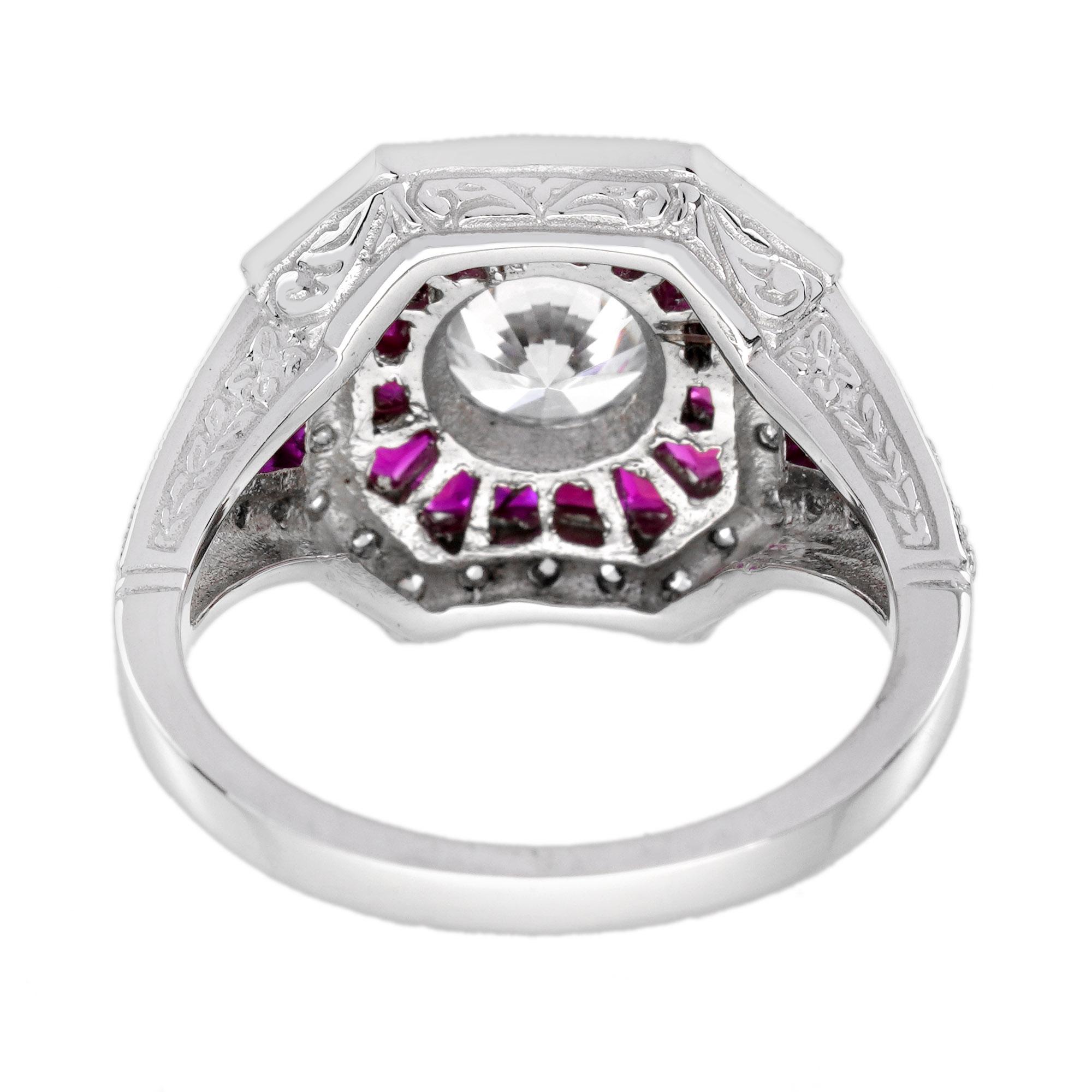 Women's 1 Ct. Diamond and Ruby Art Deco Style Engagement Ring in 18K White Gold For Sale