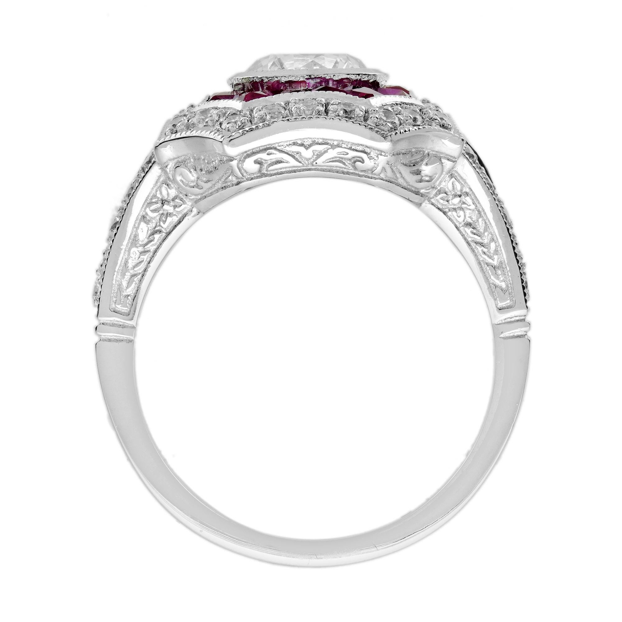 1 Ct. Diamond and Ruby Art Deco Style Engagement Ring in 18K White Gold For Sale 1
