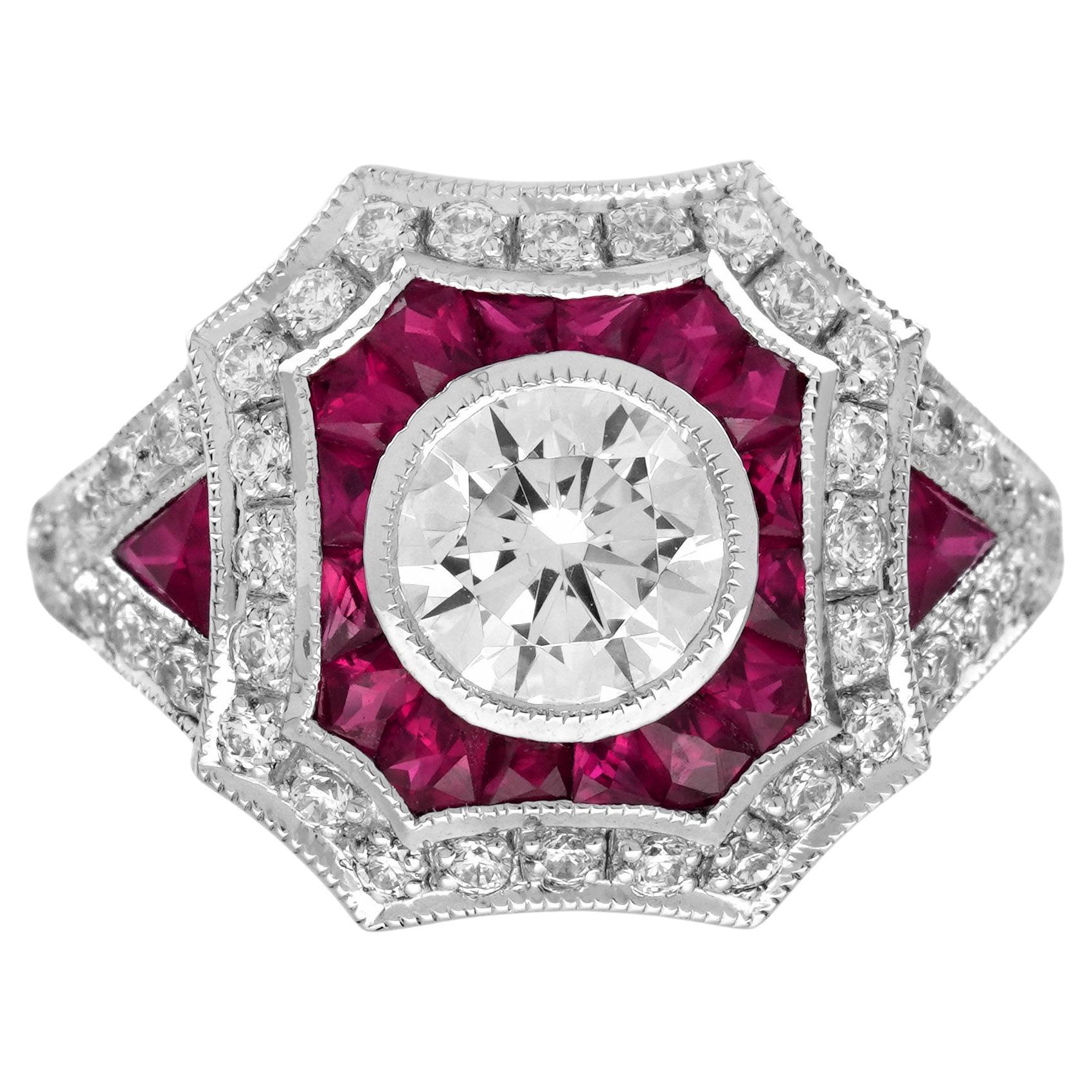 1 Ct. Diamond and Ruby Art Deco Style Engagement Ring in 18K White Gold For Sale