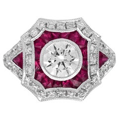 1 Ct. Diamond and Ruby Art Deco Style Engagement Ring in 14K White Gold