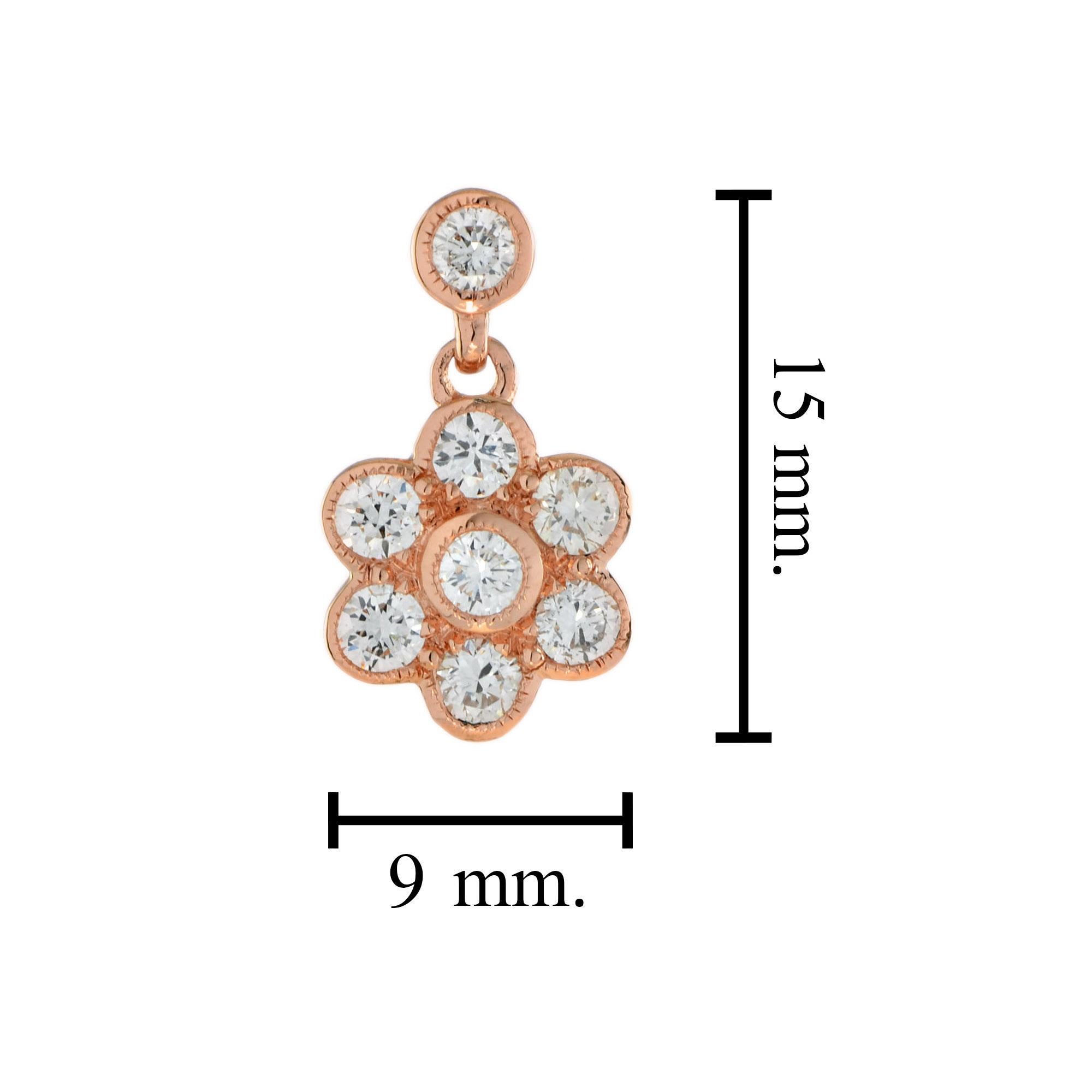 1 Ct Diamond Cluster Vintage Style Floral Drop Earrings in 14K Rose Gold In New Condition For Sale In Bangkok, TH