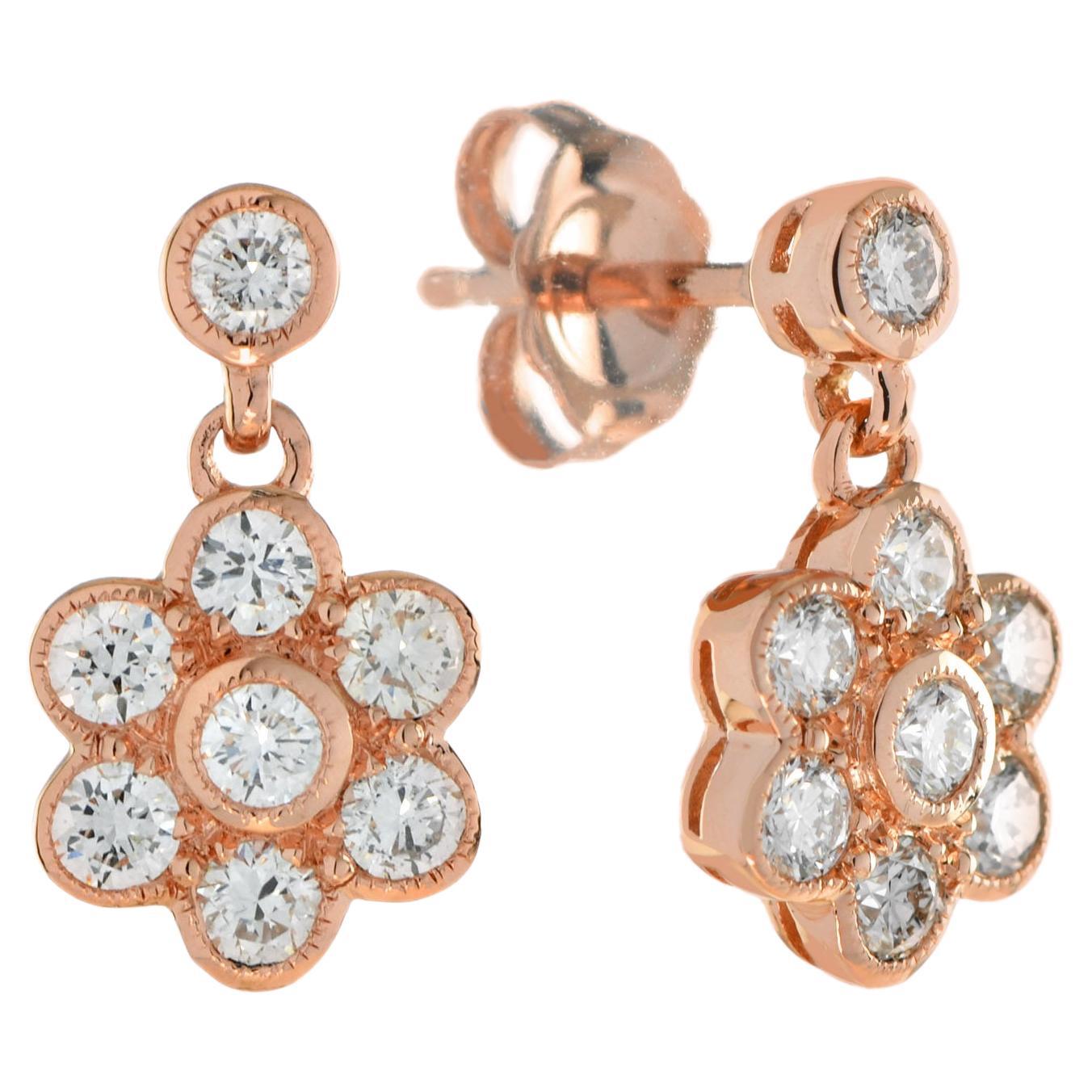 1 Ct Diamond Cluster Vintage Style Floral Drop Earrings in 14K Rose Gold For Sale