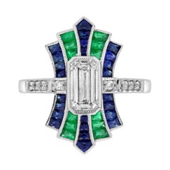 1 Ct. Diamond Emerald and Sapphire Art Deco Style Ring in 18 White Gold