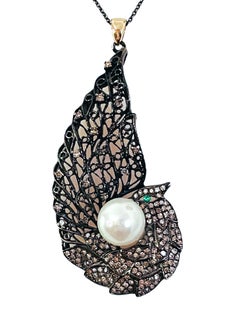 1ct Diamond Emerald Pearl Sterling Necklace w 14k Yellow Gold Bail & Appraisal