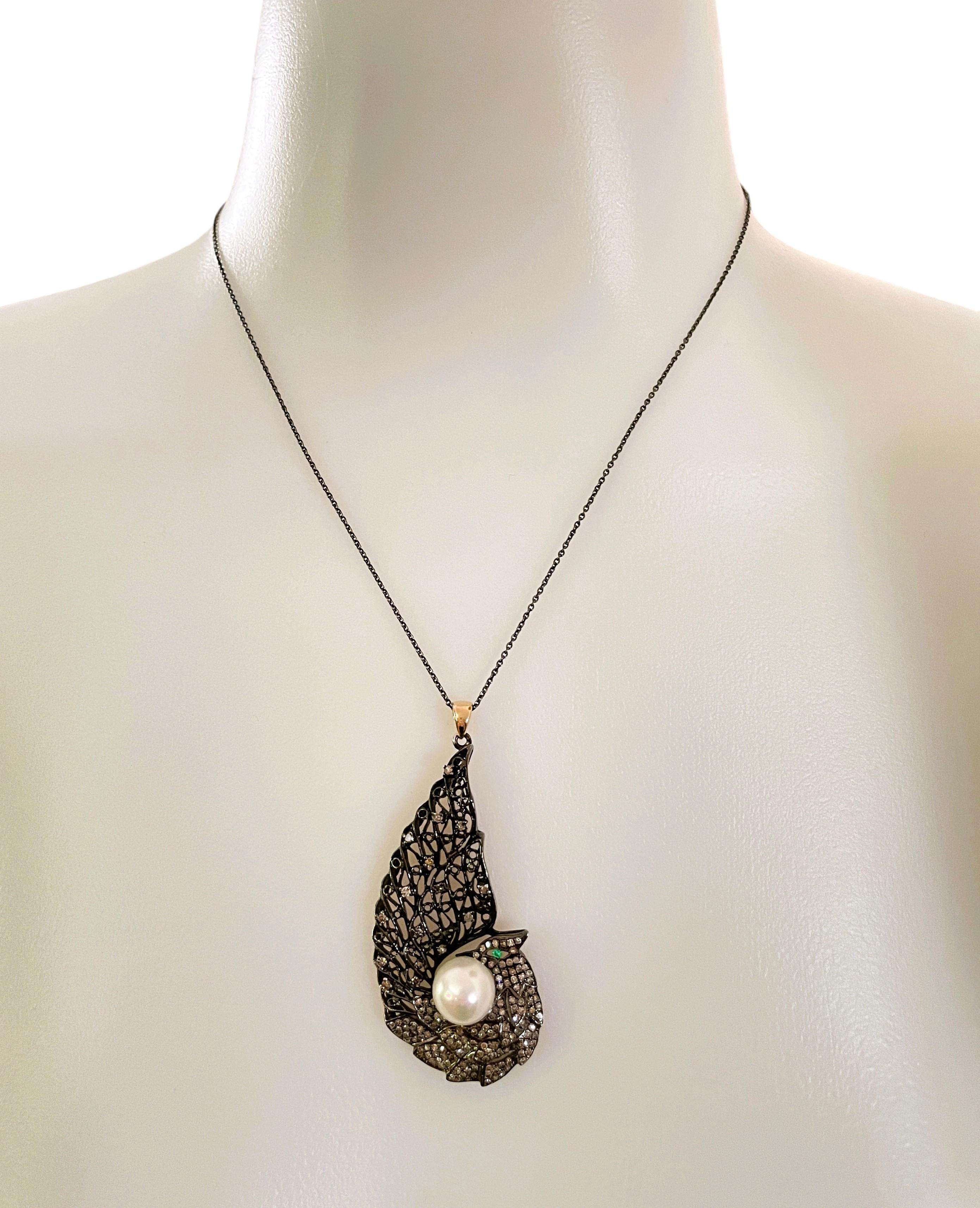 Art Nouveau 1ct Diamond Emerald Pearl Sterling Necklace w 14k Yellow Gold Bail & Appraisal