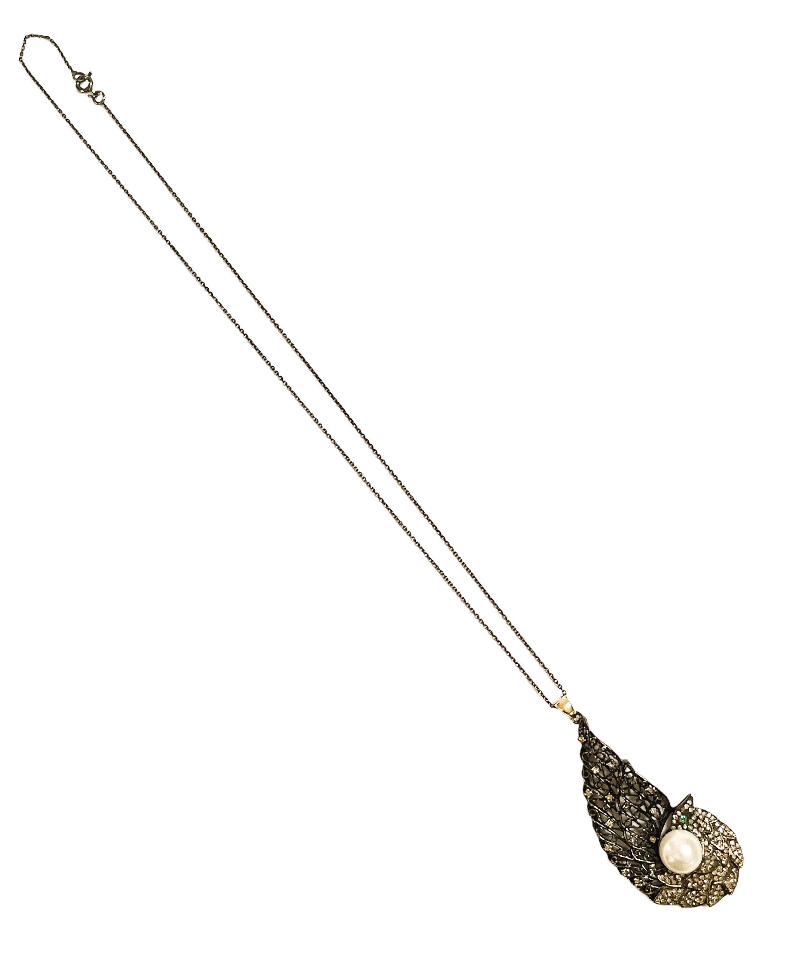Women's 1ct Diamond Emerald Pearl Sterling Necklace w 14k Yellow Gold Bail & Appraisal
