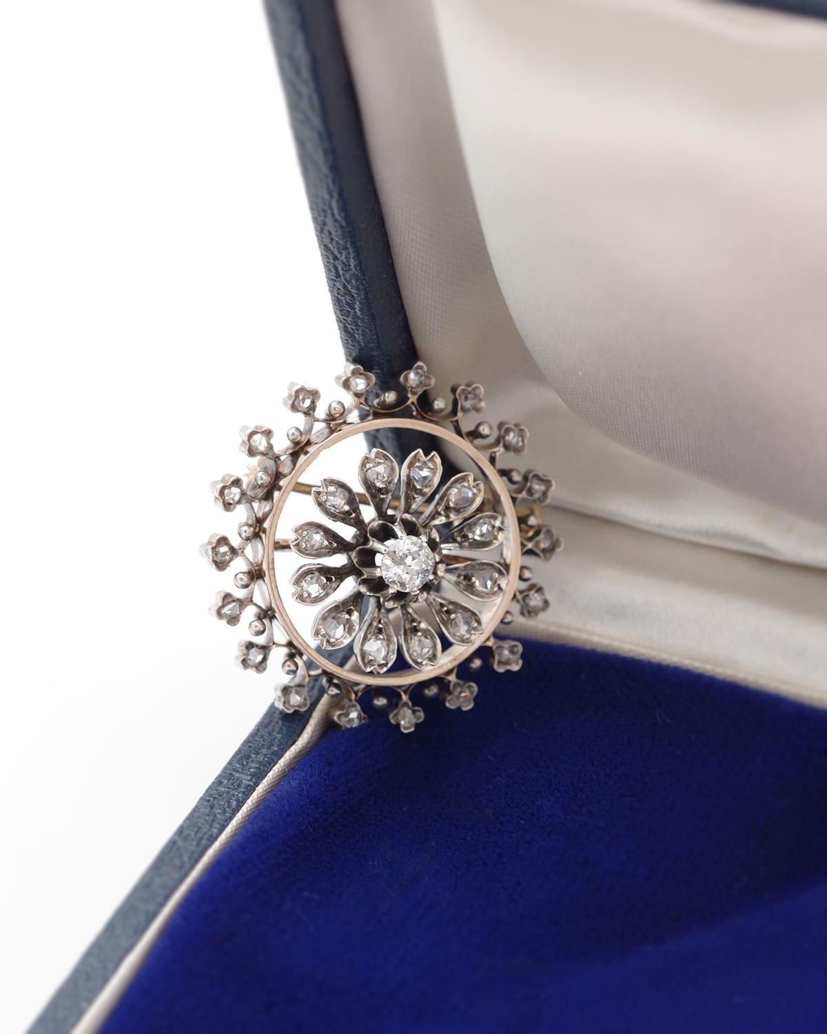 Antique Cushion Cut 1 ct diamonds brooch, victorian circular brooch in 18k gold and silver For Sale