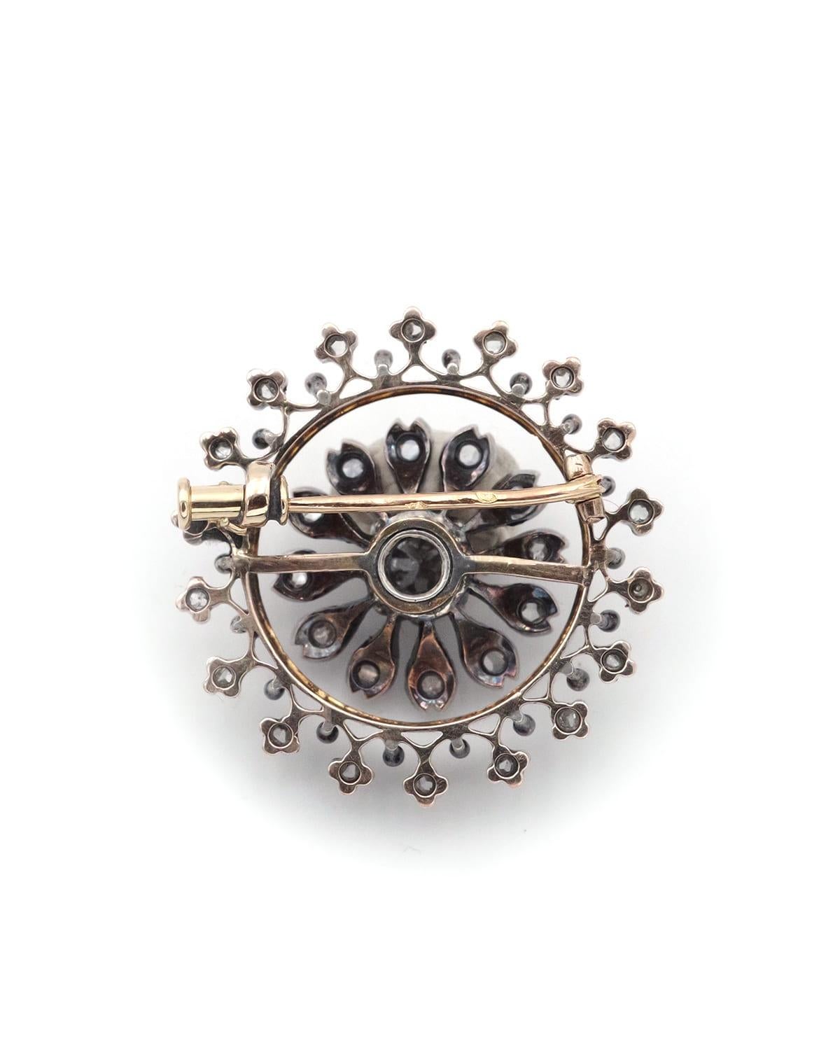 Women's or Men's 1 ct diamonds brooch, victorian circular brooch in 18k gold and silver For Sale