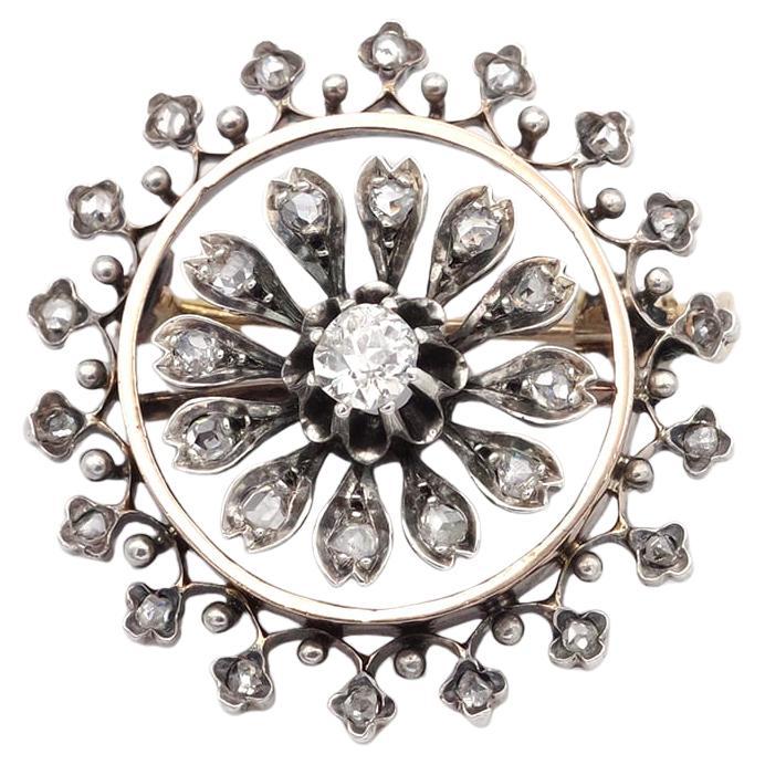 broche de diamantes de 1 ct, broche circular victoriano de oro de 18 quilates y plata