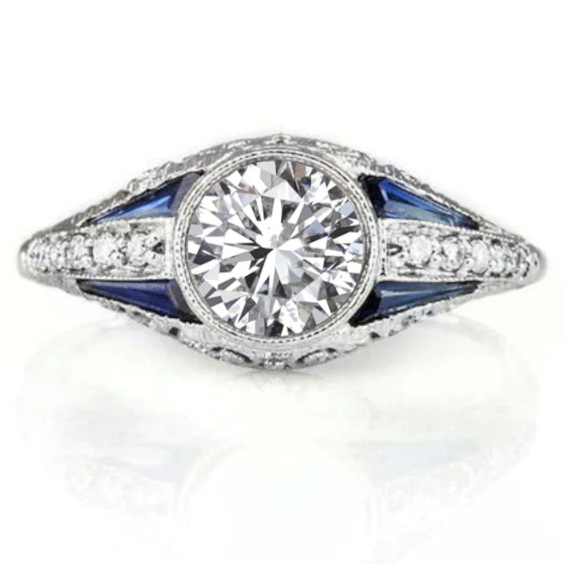 Art Deco Diamond and Sapphire Engagement Ring Bezel Ring