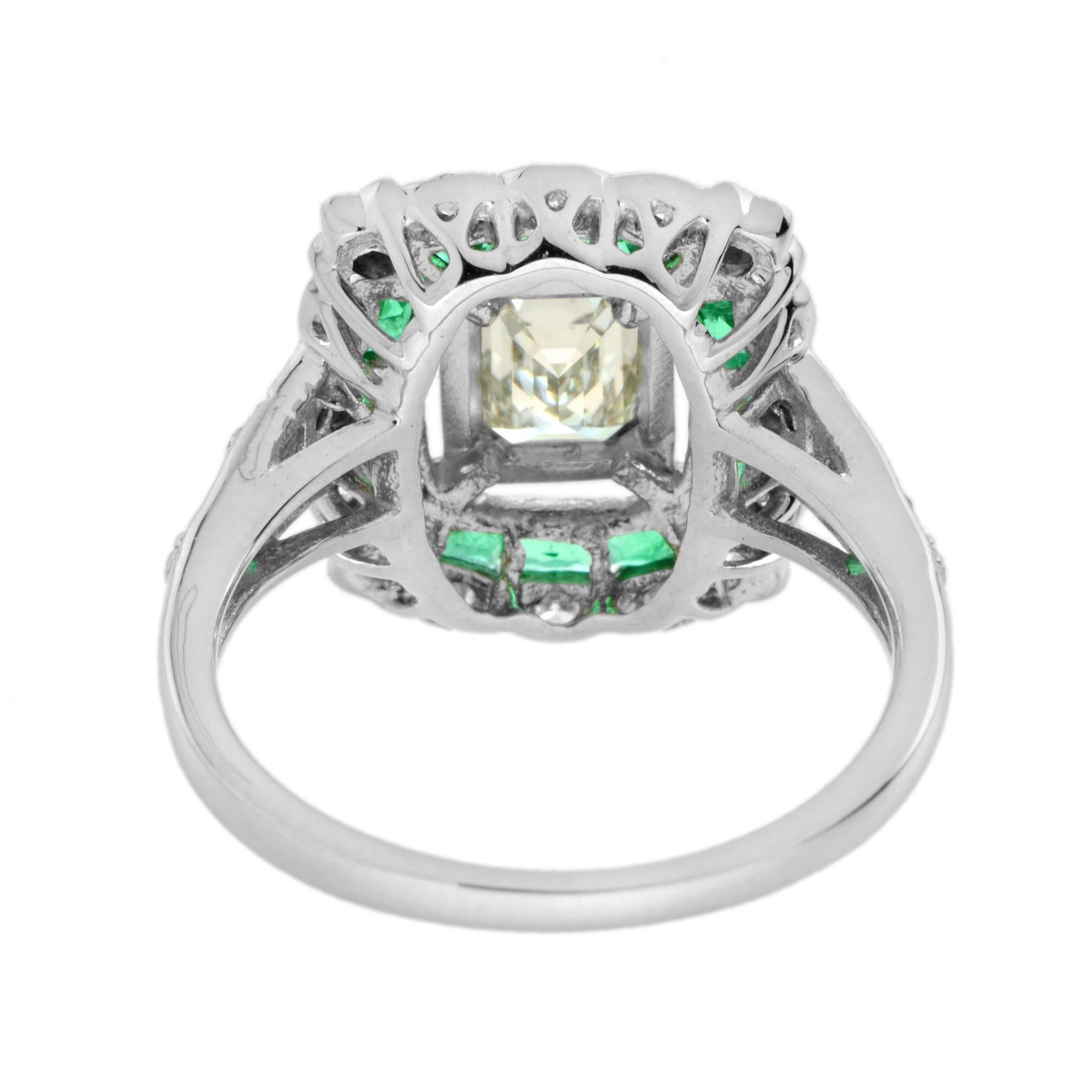 GIA Emerald Cut Diamond Emerald Art Deco Style Engagement Ring in 18k Gold For Sale 2