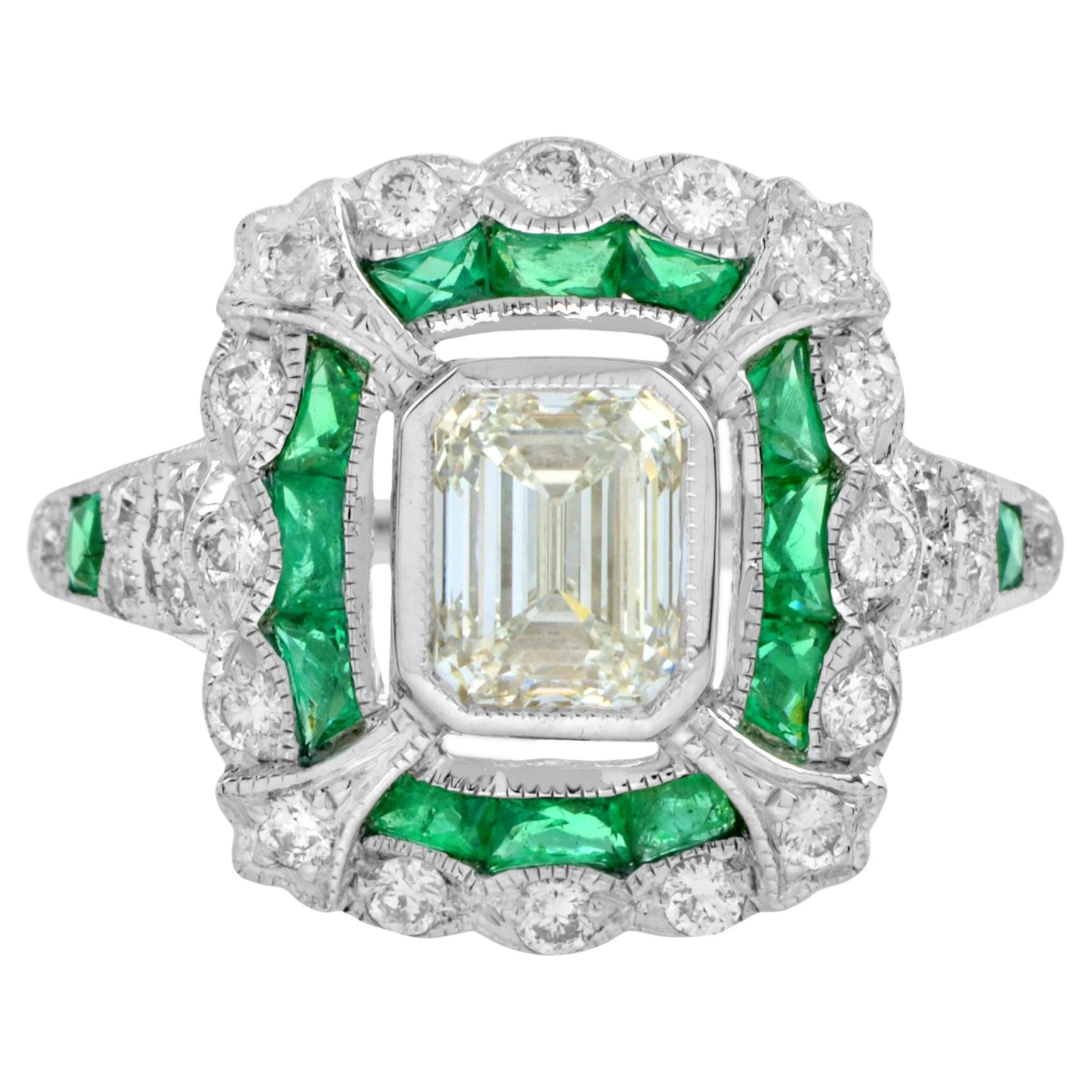 GIA Emerald Cut Diamond Emerald Art Deco Style Engagement Ring in 18k Gold For Sale