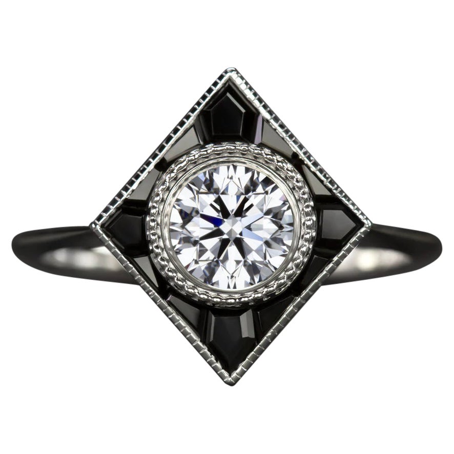 1 Ct GIA Certificado Diamante Redondo Corte Brillante Onyx Anillo de Compromiso Art Deco